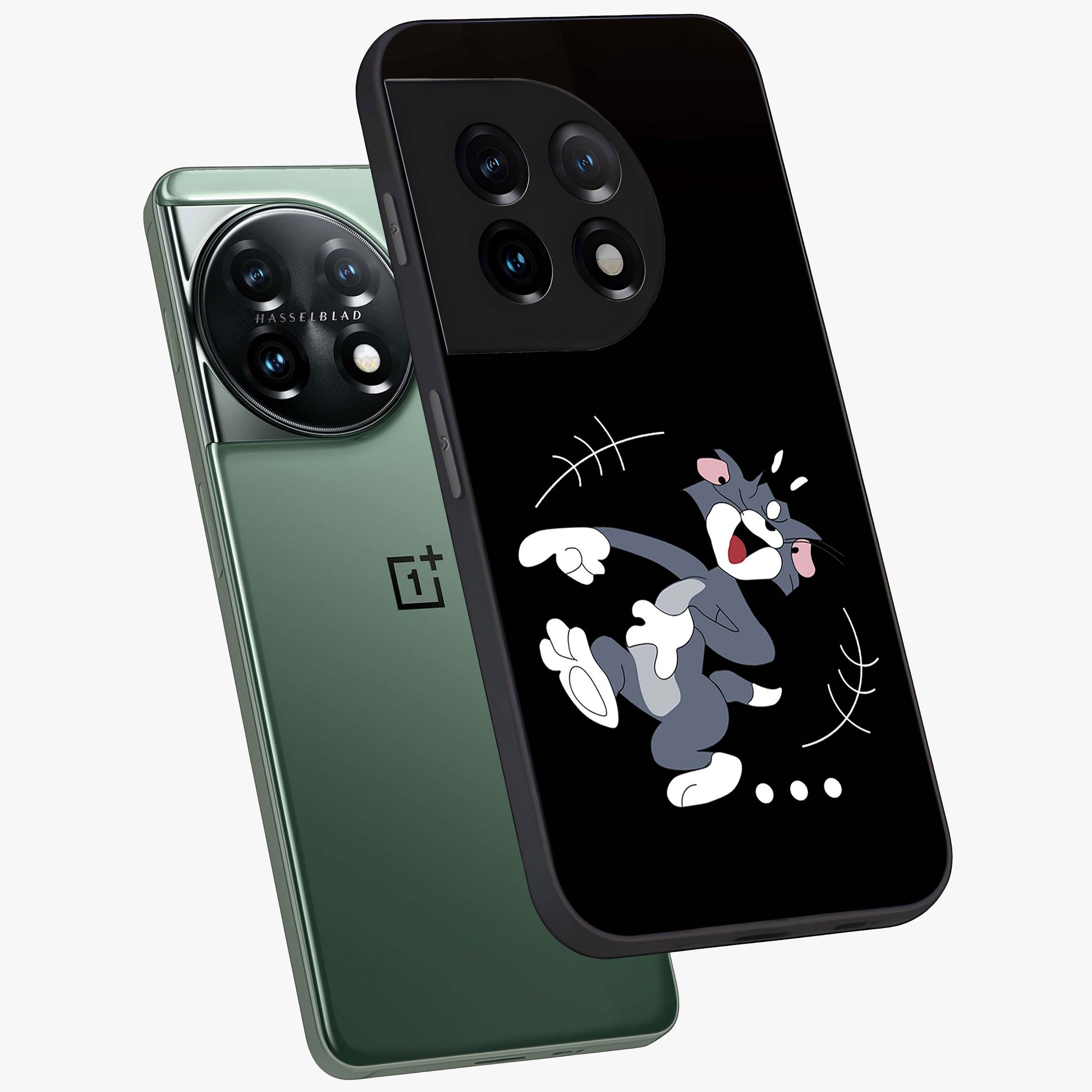 Tom in Trouble Glass Case for 1+11 angled mockup showcasing glossy finish and vibrant cartoon detailing