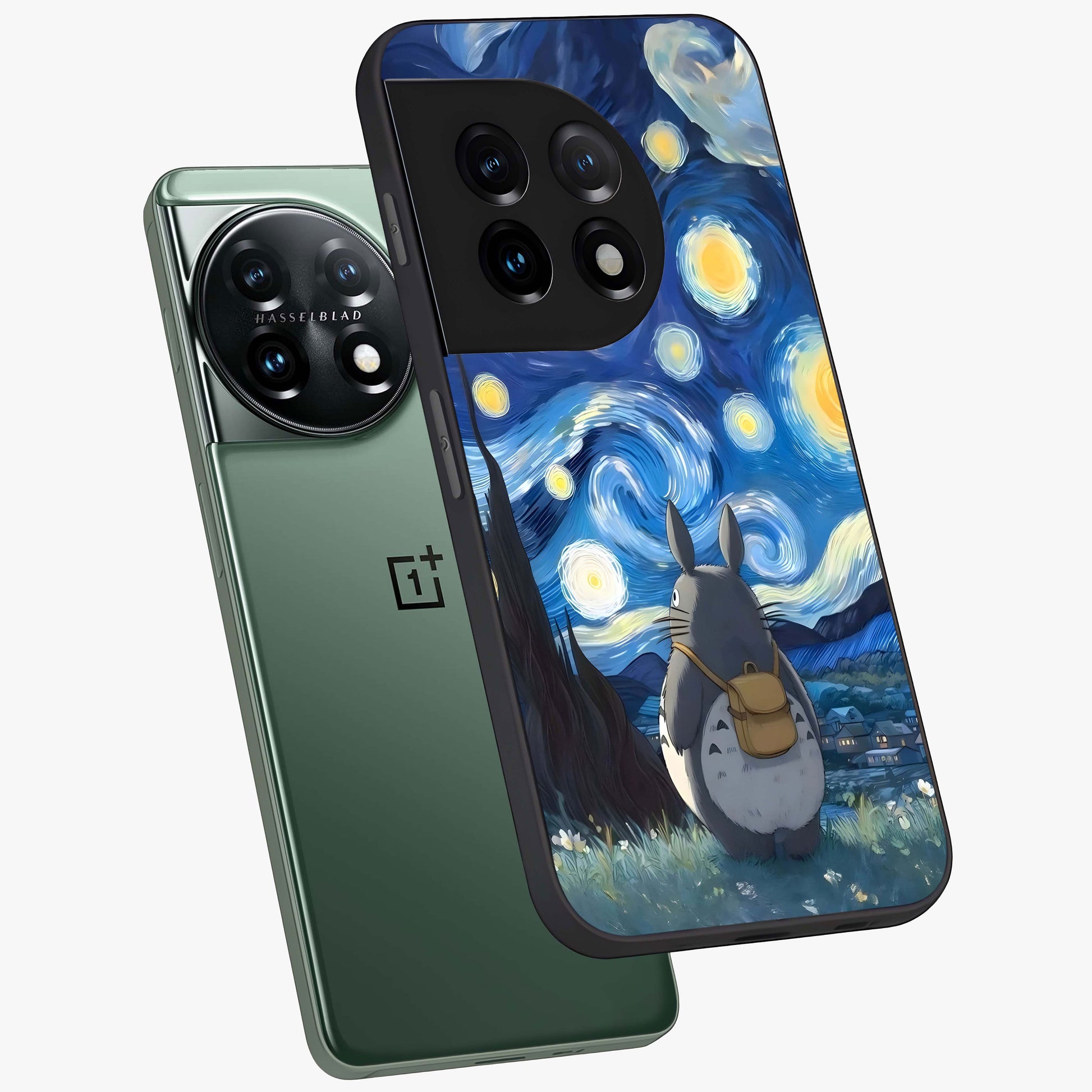 Totoro in Van Gogh Art Glass Case for 1+11 angled mockup showcasing glossy finish and vibrant brushstroke detailing