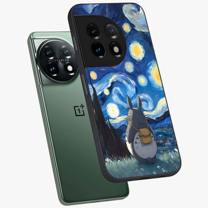 Totoro in Van Gogh Art Glass Case for 1+11 angled mockup showcasing glossy finish and vibrant brushstroke detailing