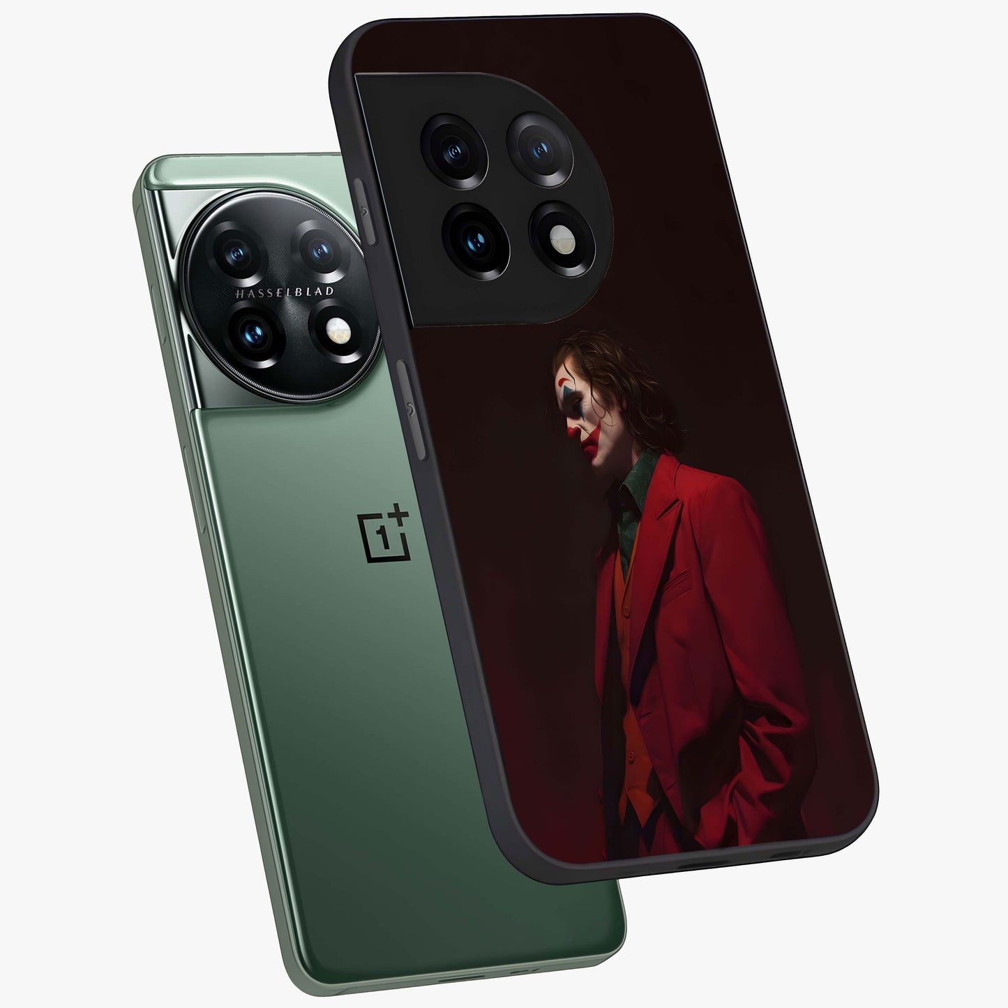 Tragic Chaos King Glass Case for 1+11 angled mockup showcasing glossy finish and bold shadow detailing