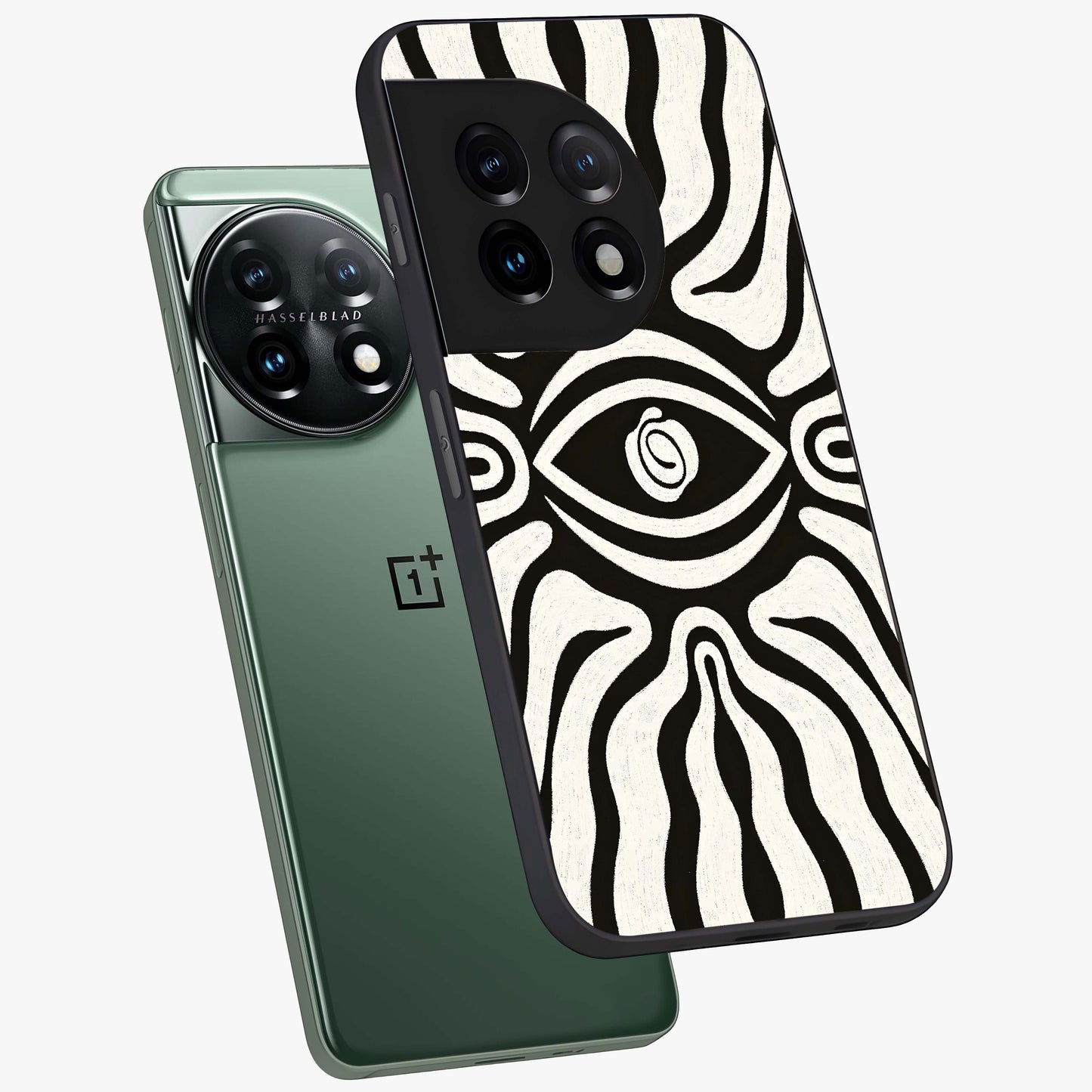 Trancewave Illusion Art Glass Case for 1+11 angled mockup showcasing glossy finish and psychedelic detailing