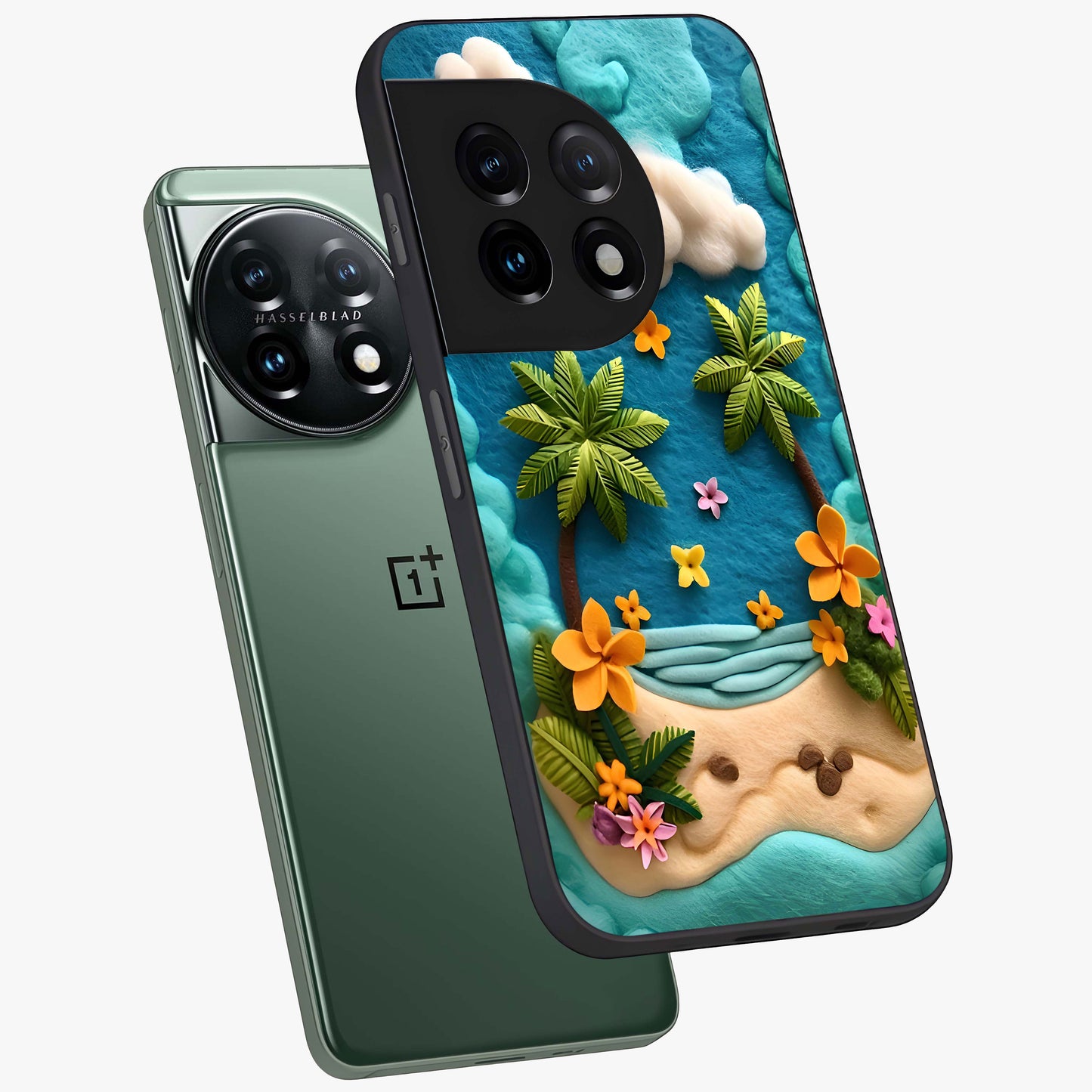 Tropical Felt Escape Glass Case for 1+11 angled mockup showcasing glossy finish and vibrant island tones