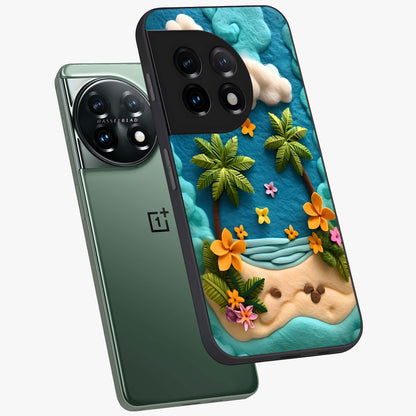 Tropical Felt Escape Glass Case for 1+11 angled mockup showcasing glossy finish and vibrant island tones