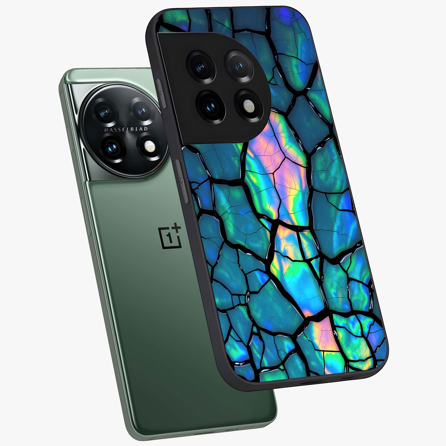 Tropical Wing Vibe Glass Case for 1+11 angled mockup showcasing glossy finish and bold gradient detailing