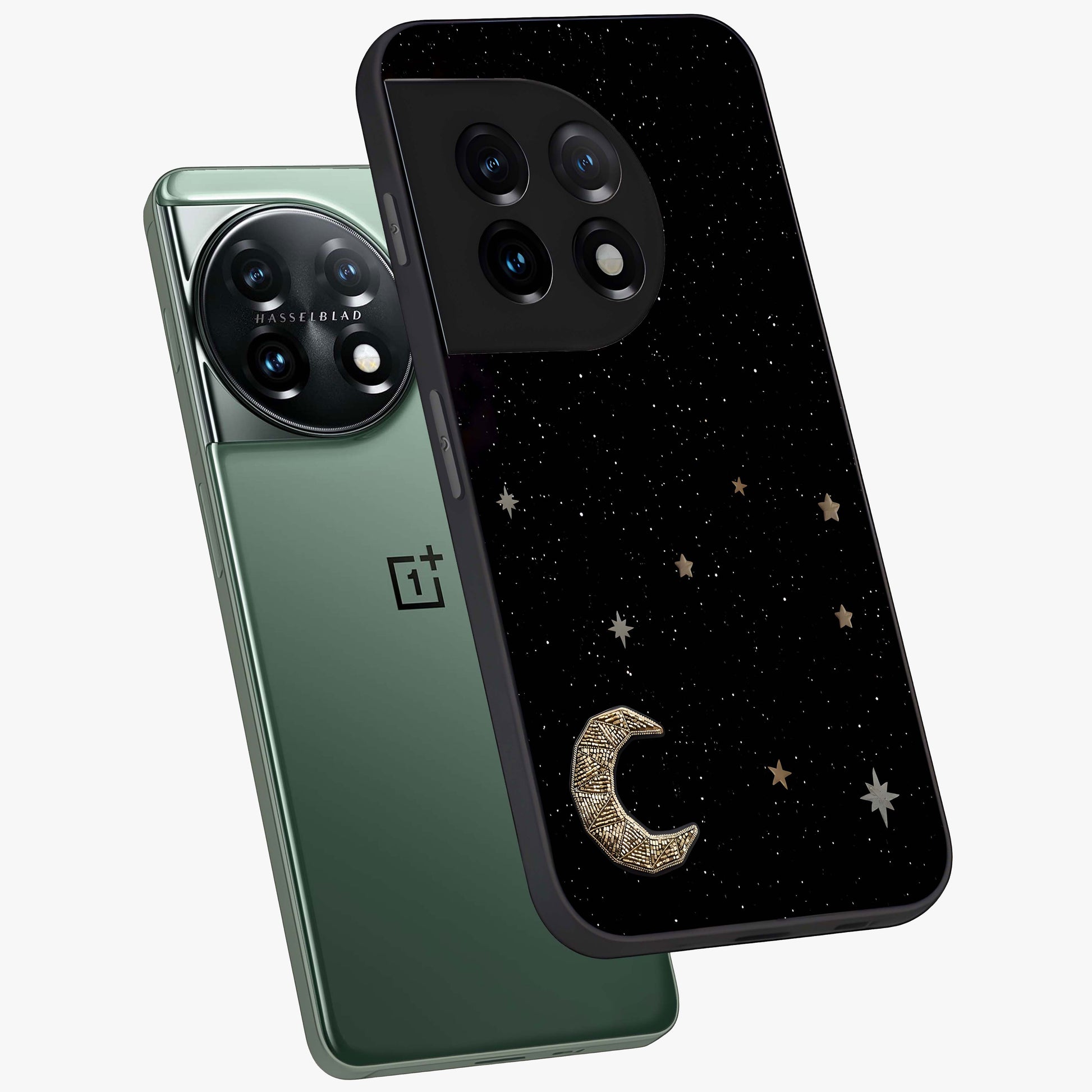 Twinkle Star With Half Moon Glass Case for 1+11 angled mockup showcasing glossy finish and celestial night tones