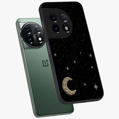 Twinkle Star With Half Moon Glass Case for 1+11 angled mockup showcasing glossy finish and celestial night tones