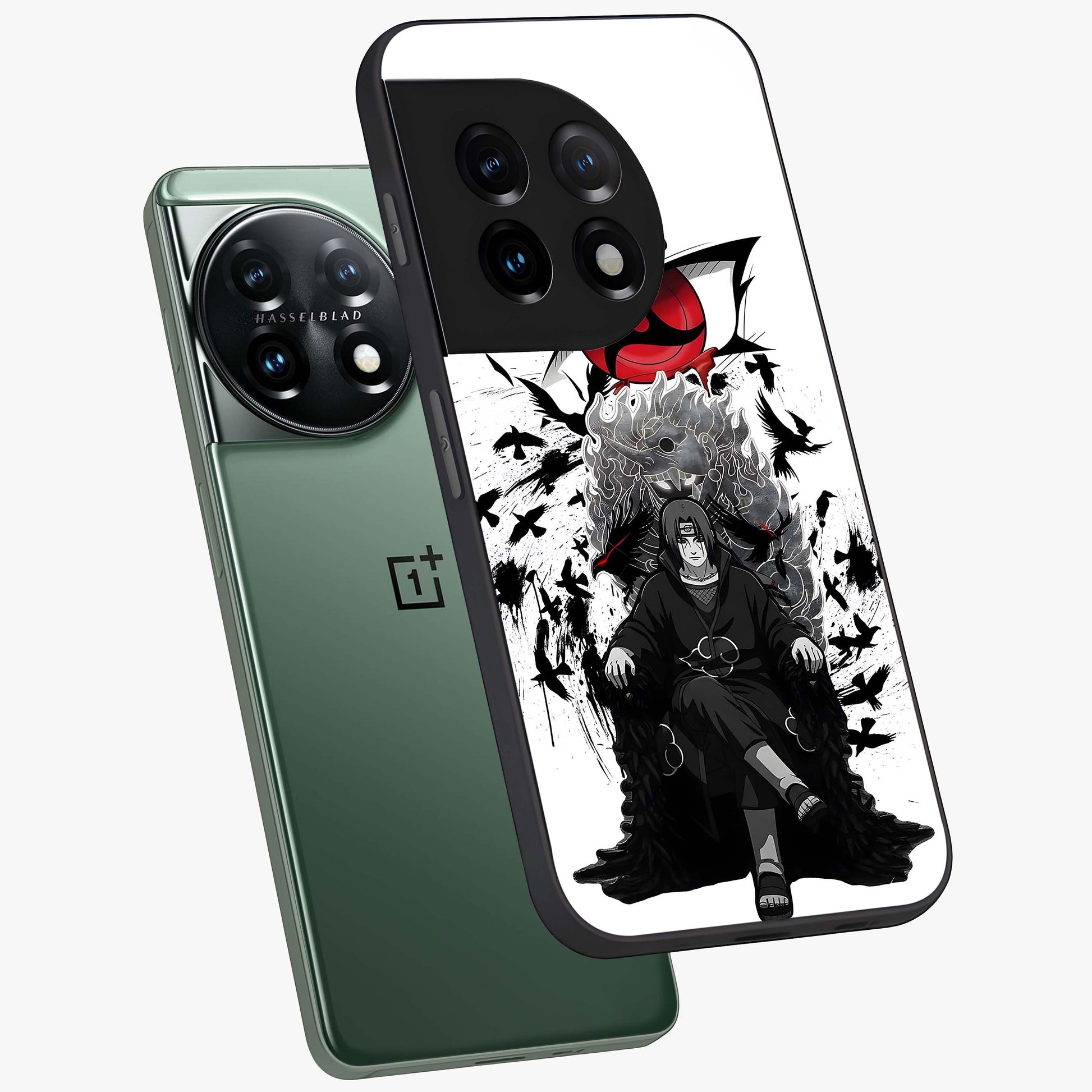 Uchiha Shadow Throne Glass Case for 1+11 angled mockup showcasing glossy finish and dramatic shadow detailing