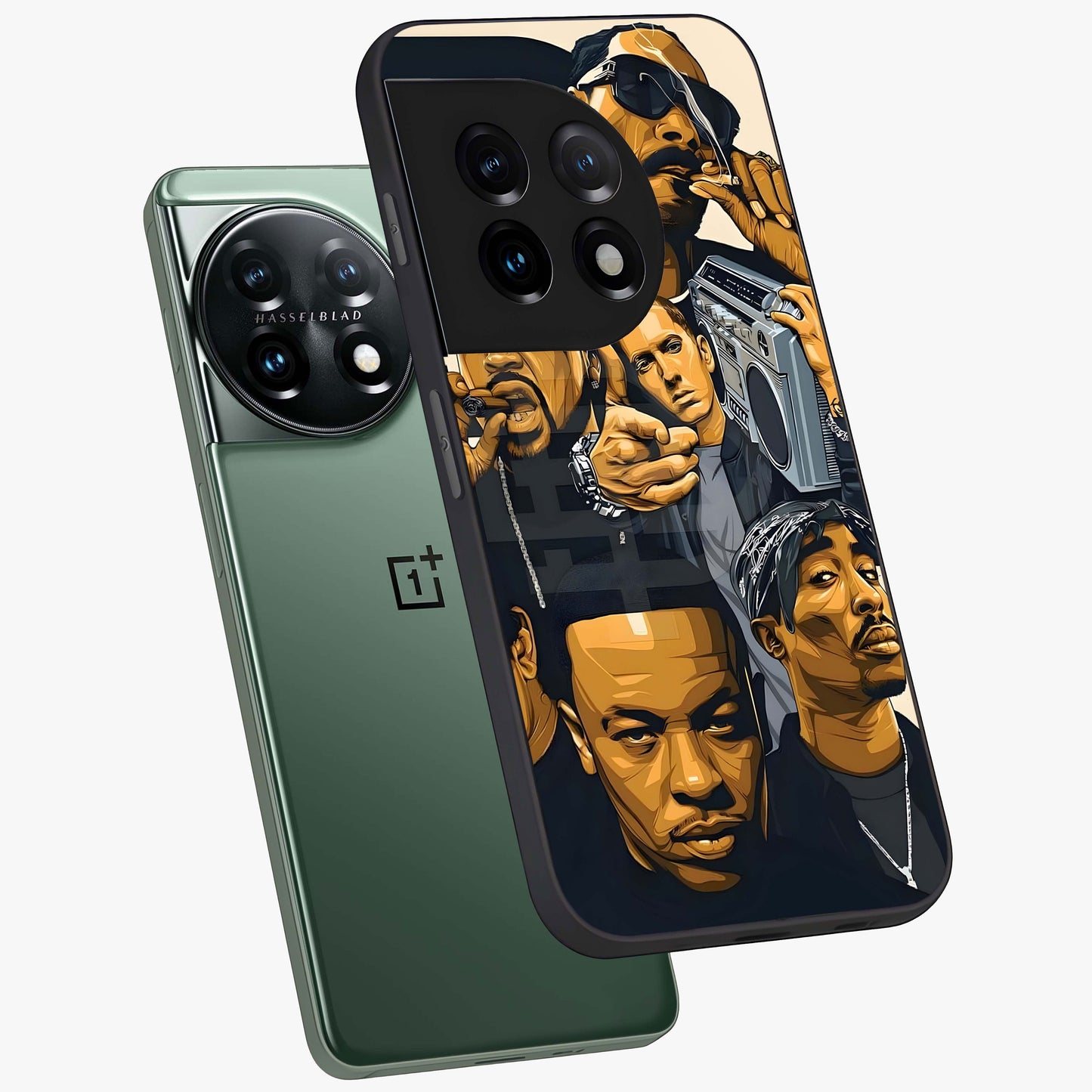 Urban Rap Legends Glass Case for 1+11 angled mockup showcasing glossy finish and edgy urban detailing