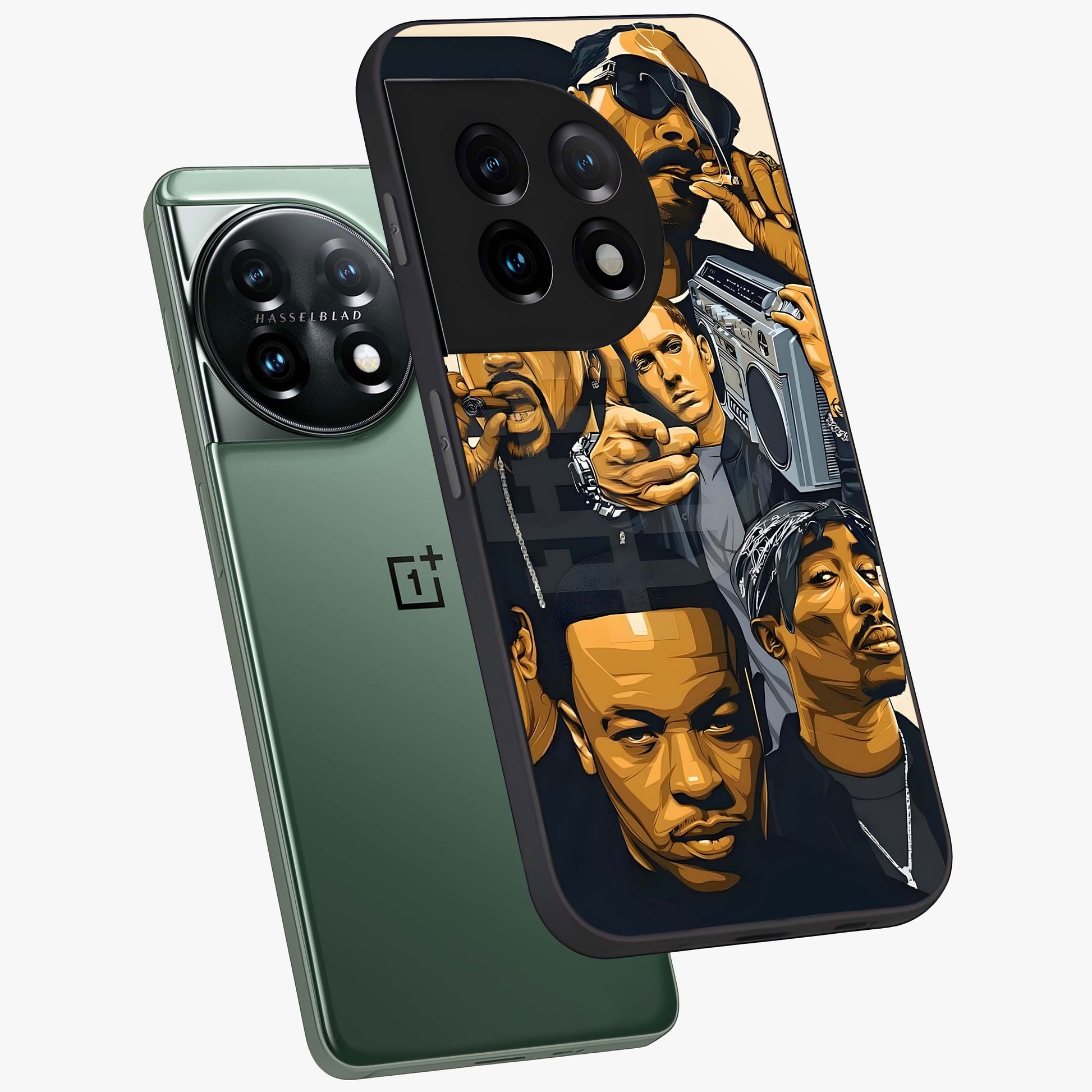 Urban Rap Legends Glass Case for 1+11 angled mockup showcasing glossy finish and edgy urban detailing
