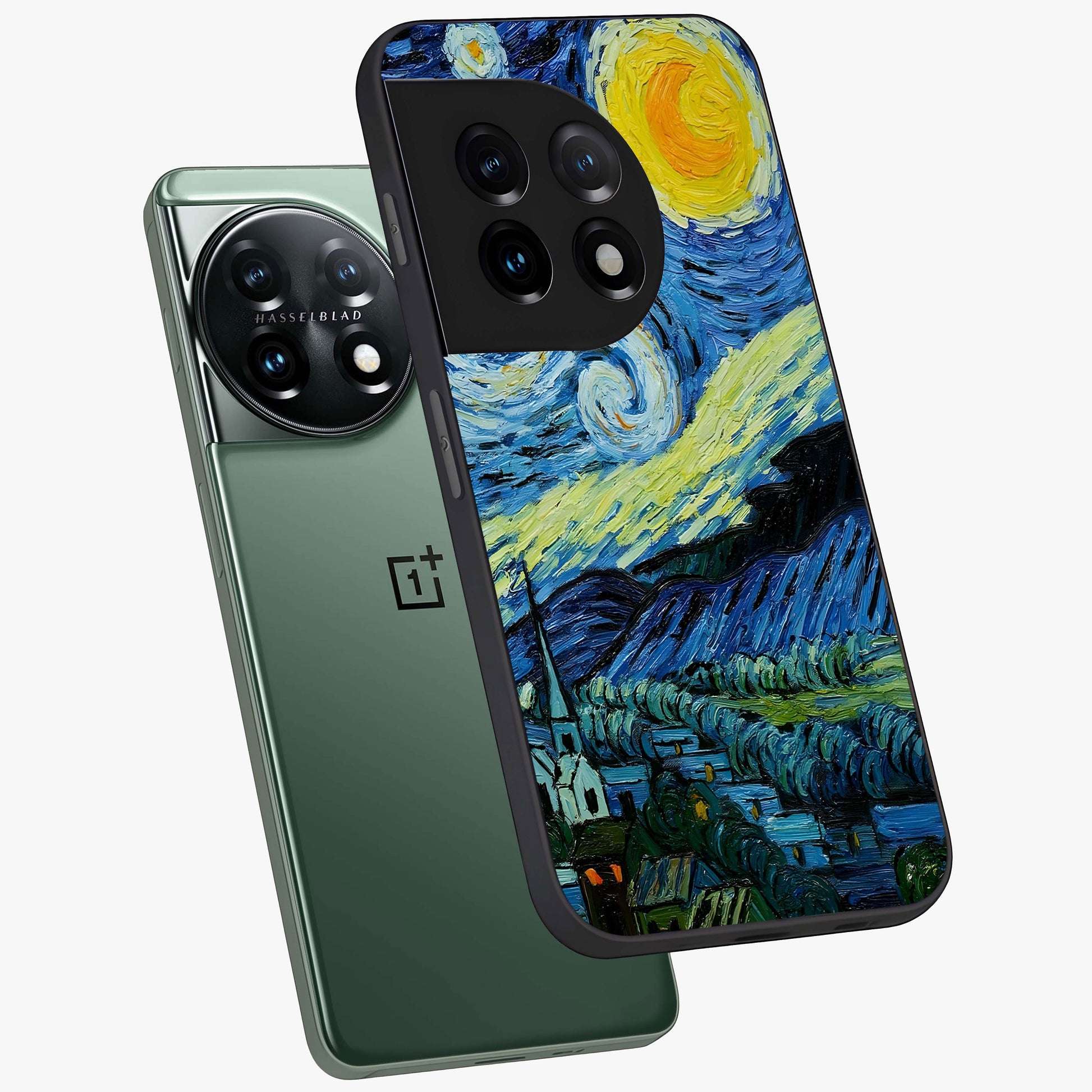 Van Gogh Art Glass Case for 1+11 angled mockup showcasing glossy finish and rich brushstroke textures