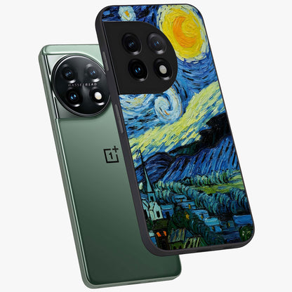 Van Gogh Art Glass Case for 1+11 angled mockup showcasing glossy finish and rich brushstroke textures