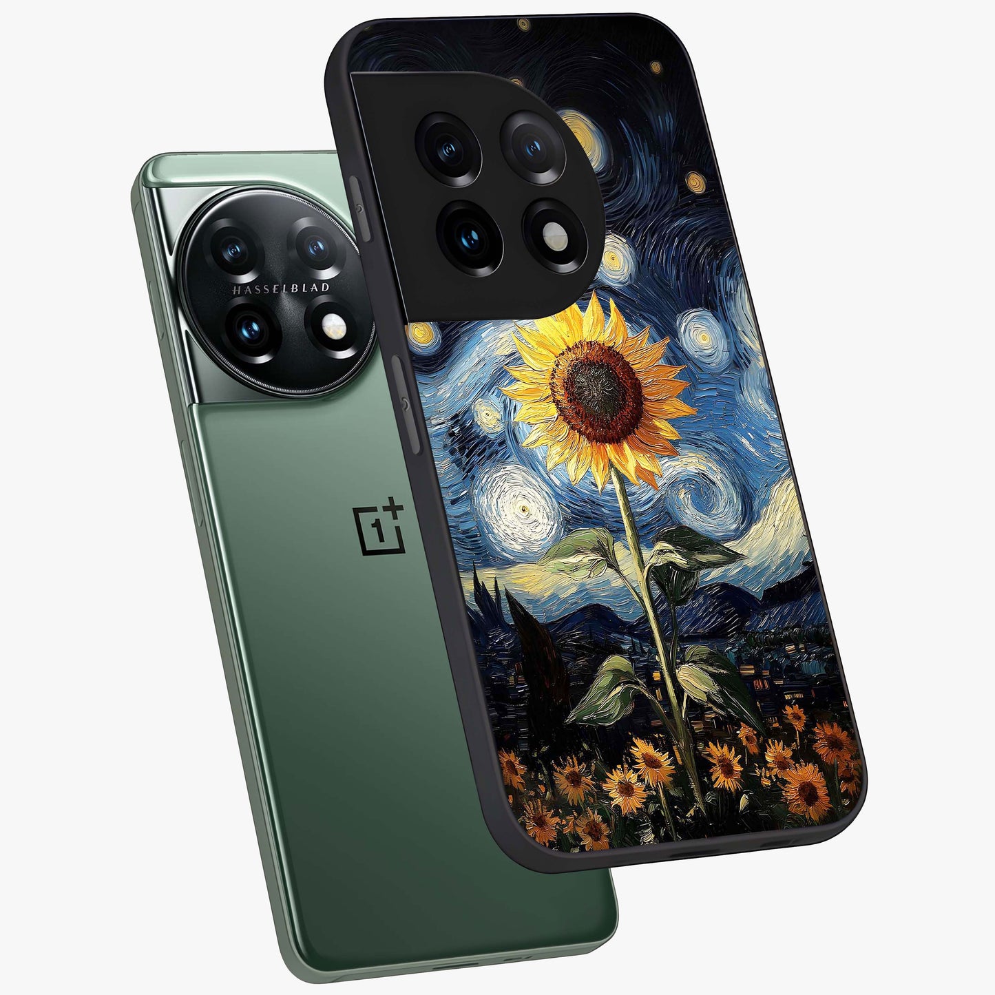 Van Gogh Sunflower Glass Case for 1+11 angled mockup showcasing glossy finish and bold yellow tones