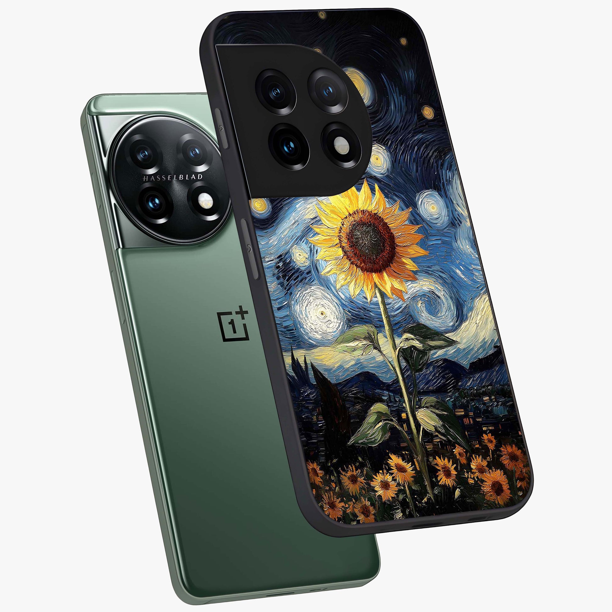 Van Gogh Sunflower Glass Case for 1+11 angled mockup showcasing glossy finish and bold yellow tones