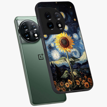 Van Gogh Sunflower Glass Case for 1+11 angled mockup showcasing glossy finish and bold yellow tones