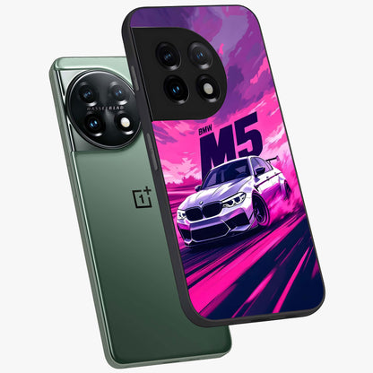 Velocity Drift Pulse Glass Case for 1+11 angled mockup showcasing glossy finish and bold speed gradients