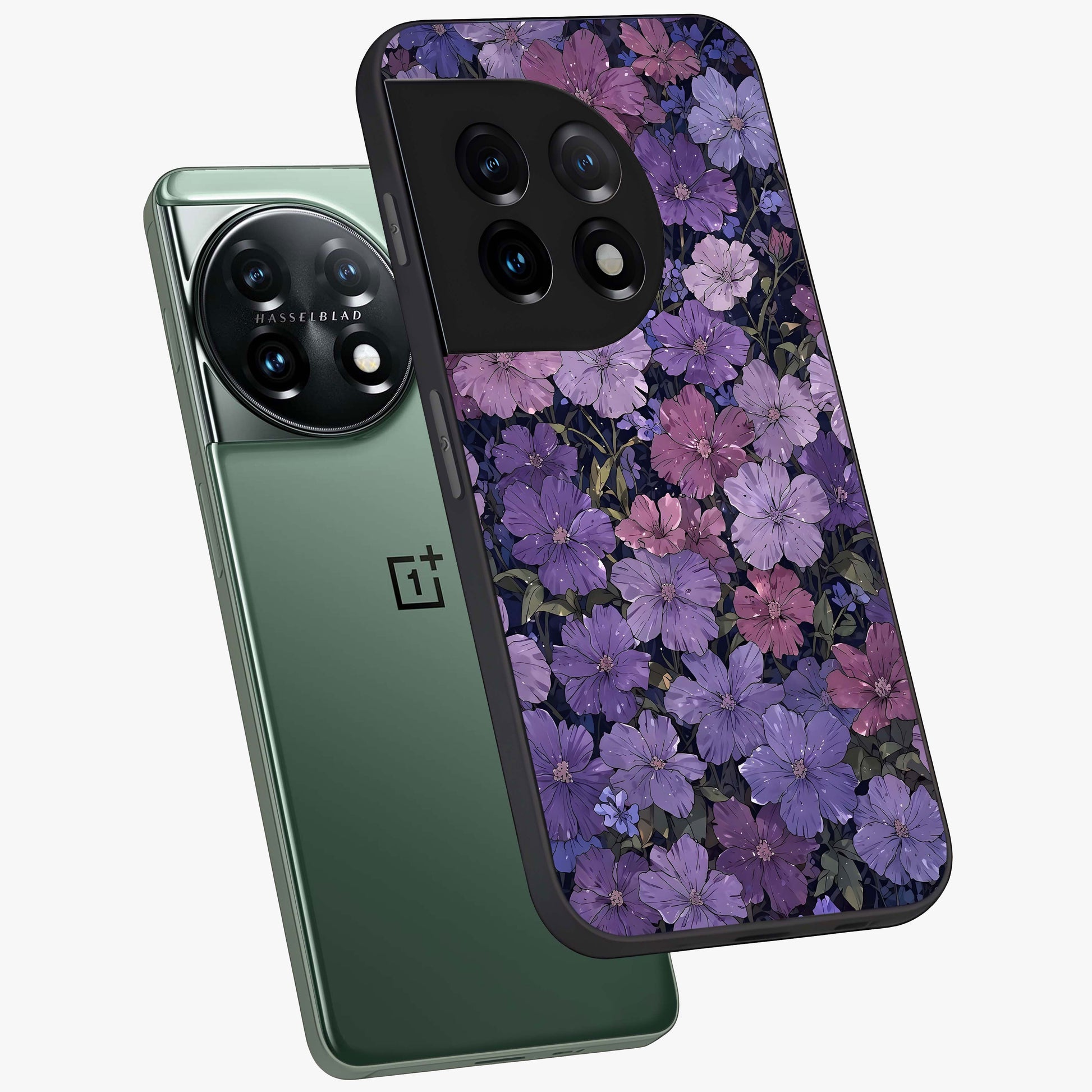 Velvet Bloom Tapestry Glass Case for 1+11 angled mockup showcasing glossy finish and deep velvet tones