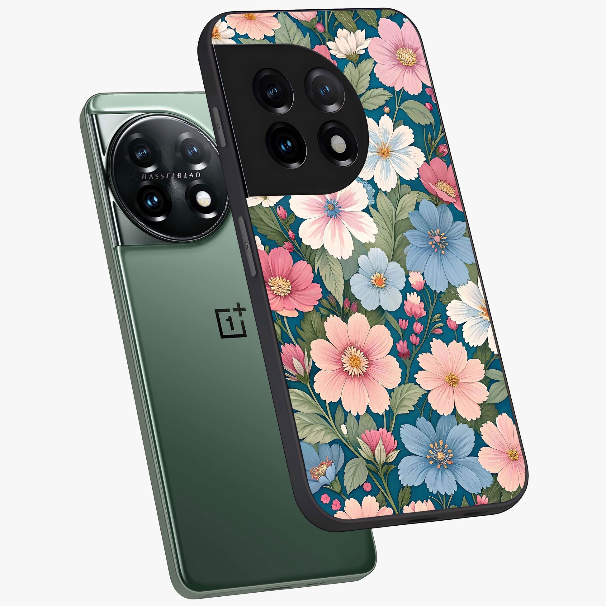 Vintage Floral Charm Glass Case for 1+11 angled mockup showcasing glossy finish and warm pastel tones