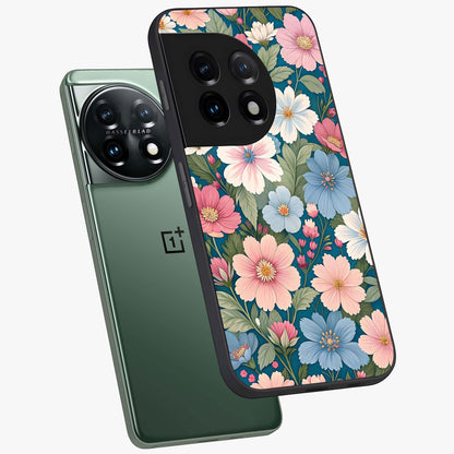 Vintage Floral Charm Glass Case for 1+11 angled mockup showcasing glossy finish and warm pastel tones