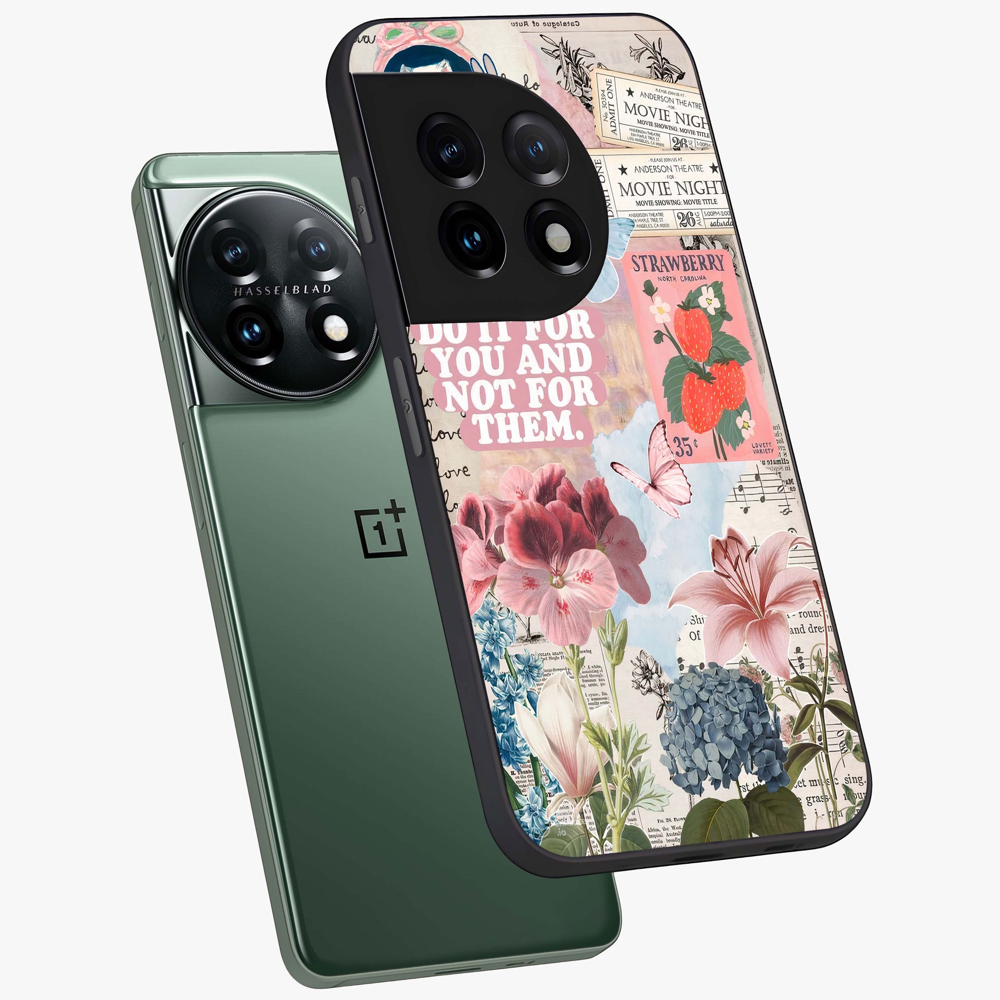 Whimsical Vintage Aesthetic Glass Case for 1+11 angled mockup showcasing glossy glass finish and soft nostalgic tones