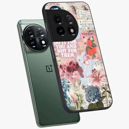 Whimsical Vintage Aesthetic Glass Case for 1+11 angled mockup showcasing glossy glass finish and soft nostalgic tones