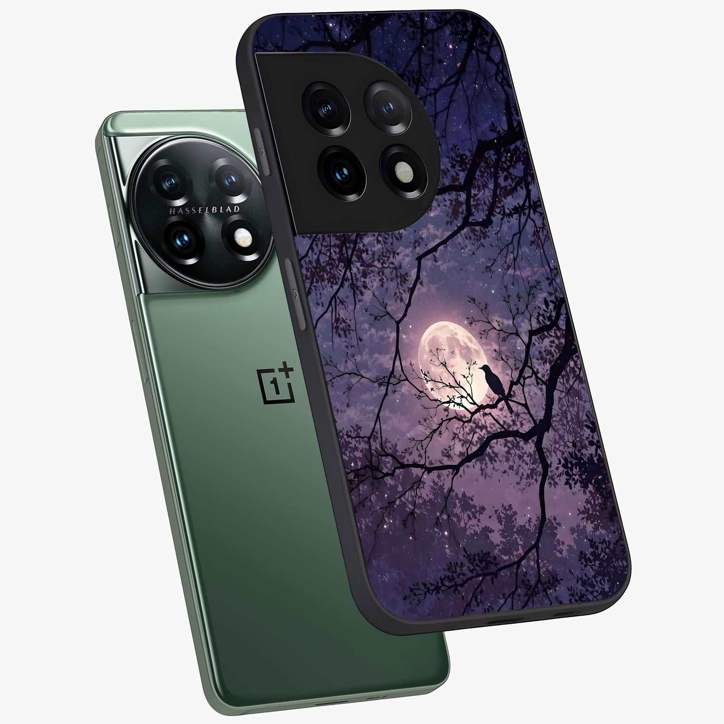 Whispering Moon Silence Glass Case for 1+11 angled mockup showcasing glossy finish and subtle celestial detailing