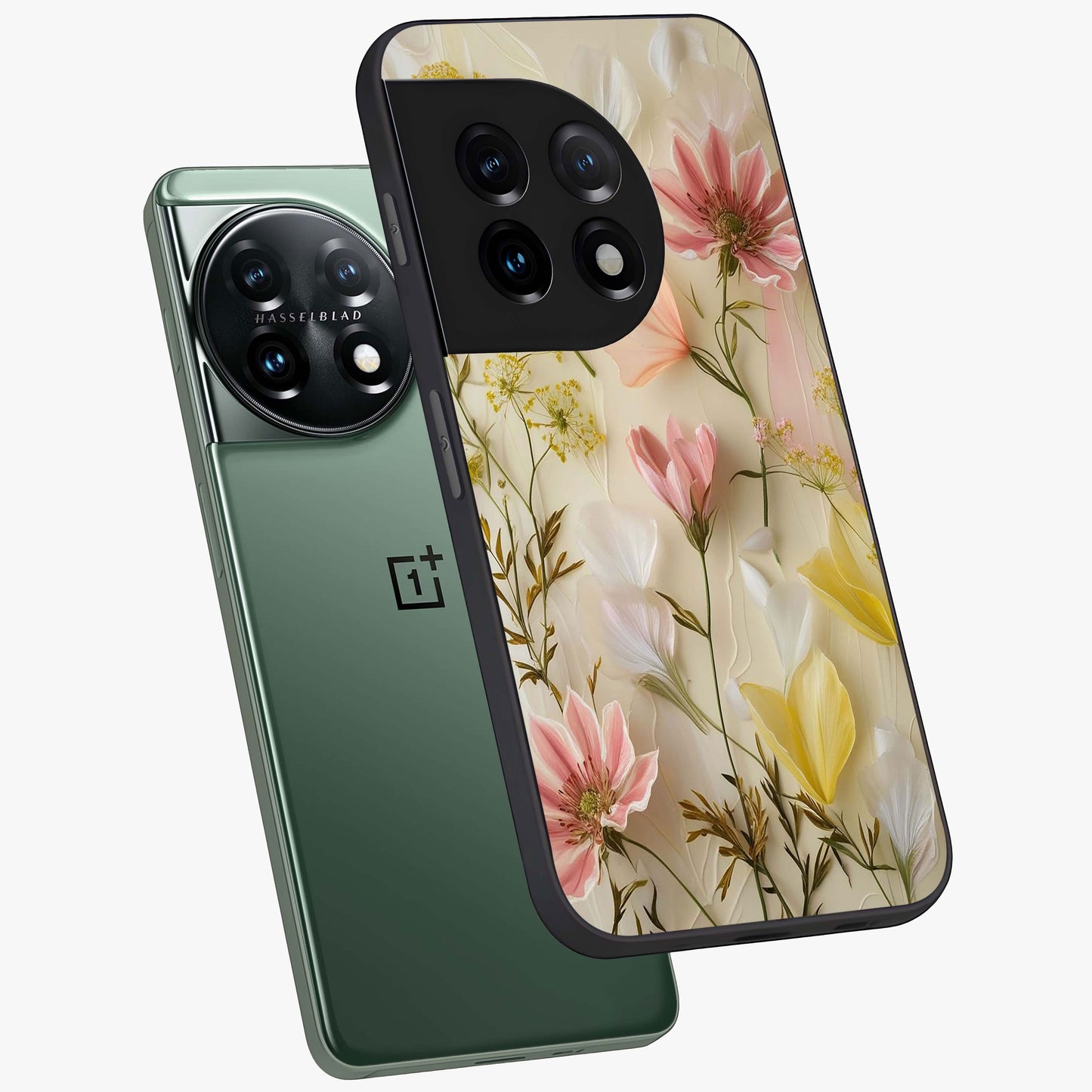 Whispering Petal Harmony Glass Case for 1+11 angled mockup showcasing glossy finish and delicate bloom detailing