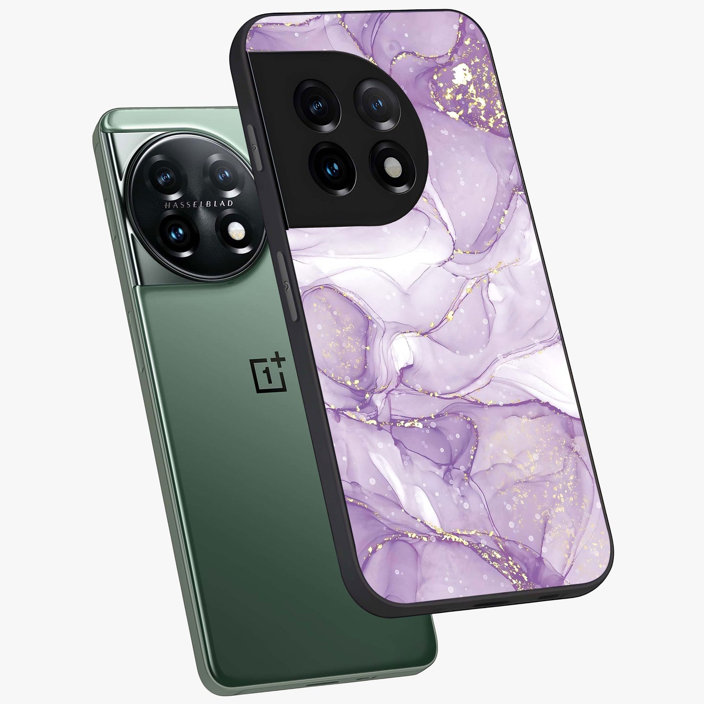 White and Purple Marble Glass Case for 1+11 angled mockup showcasing glossy finish and refined stone detailing