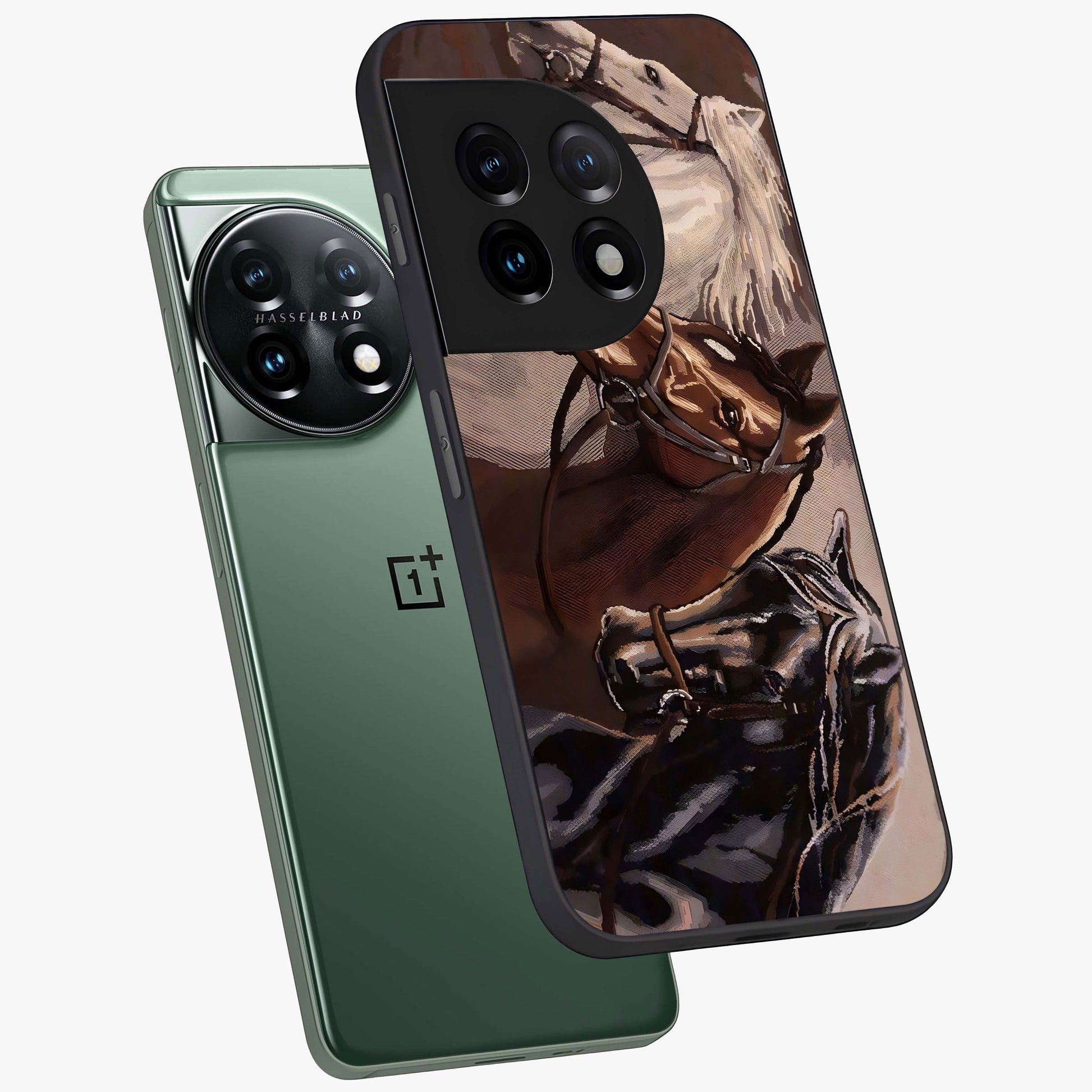 Wild Trio Gallop Glass Case for 1+11 angled mockup showcasing glossy glass finish and bold equestrian detailing