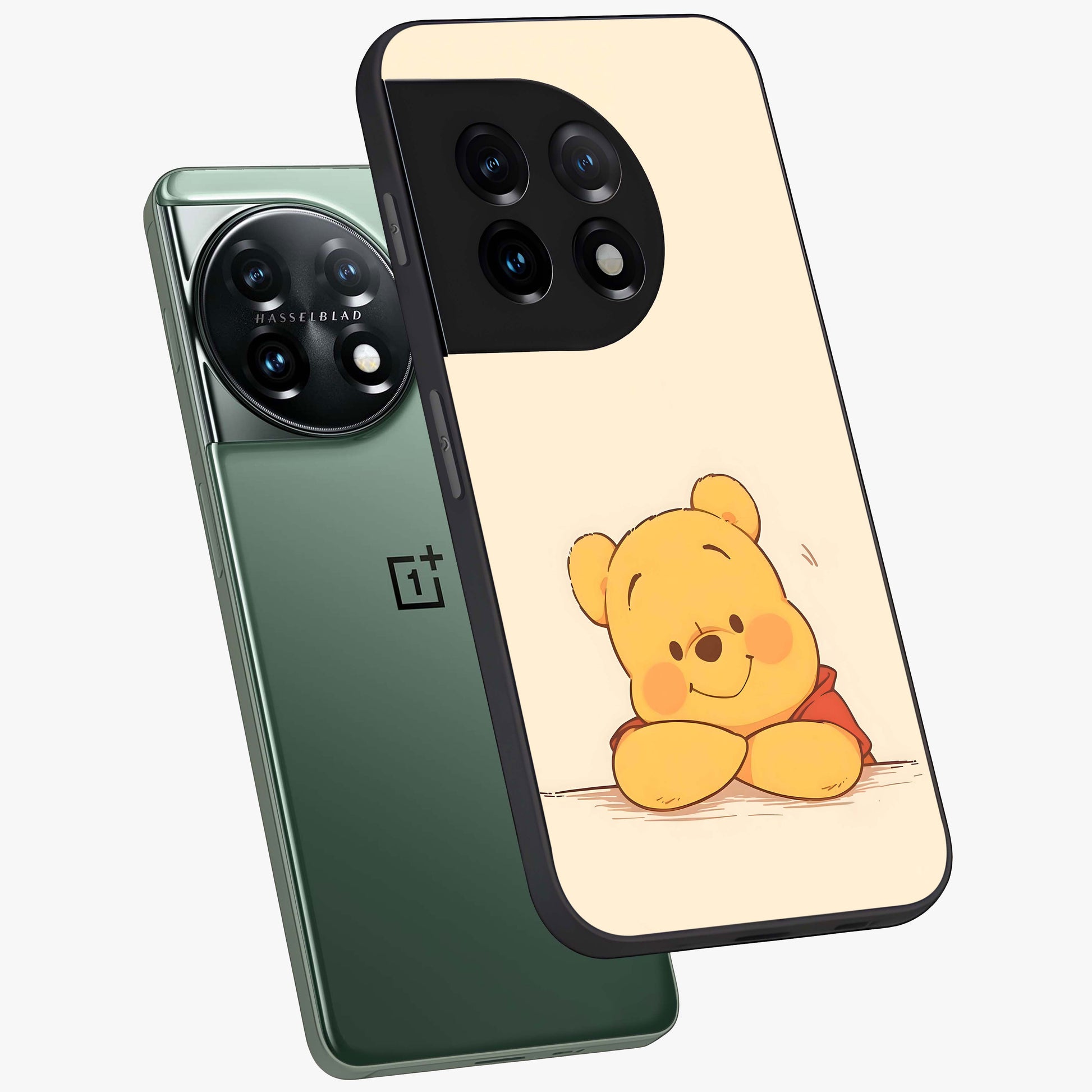 Winniethe Pooh Glass Case for 1+11 angled mockup showcasing glossy finish and soft playful tones