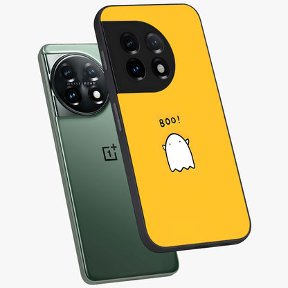 Yellow Boo Ghost Glass Case for 1+11 angled mockup showcasing glossy finish and fun animated detailing
