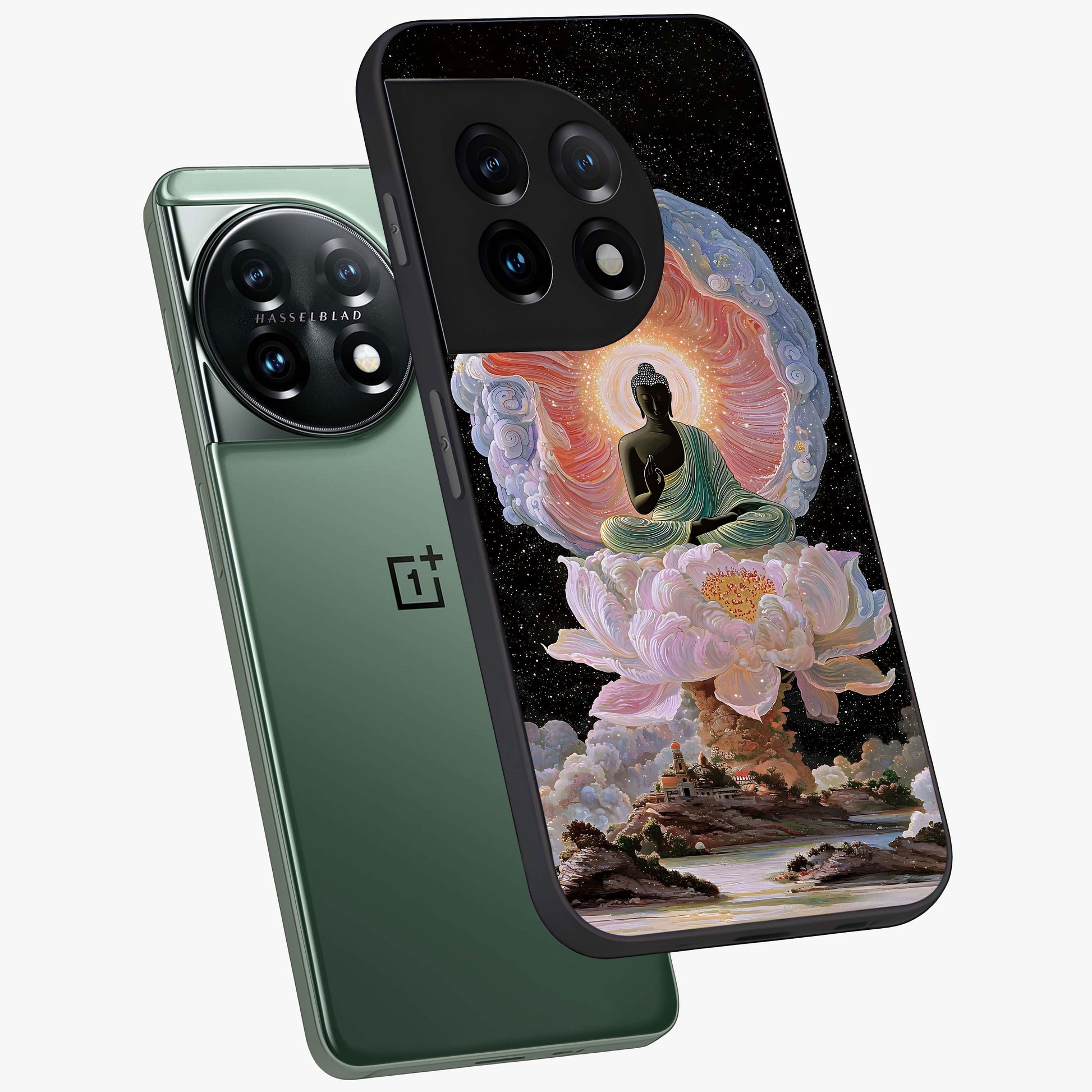 Zen Lotus Realm Glass Case for 1+11 angled mockup showcasing glossy finish and serene gradient detailing