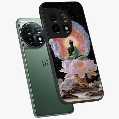 Zen Lotus Realm Glass Case for 1+11 angled mockup showcasing glossy finish and serene gradient detailing