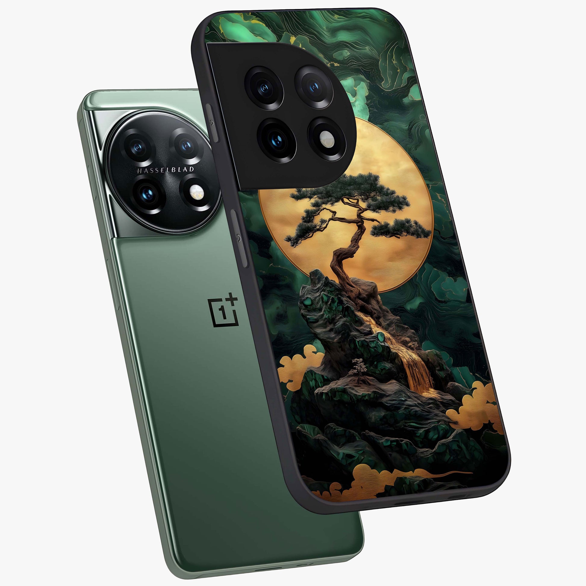 Zen Moon Rise Glass Case for 1+11 angled mockup showcasing glossy finish and soft night sky tones