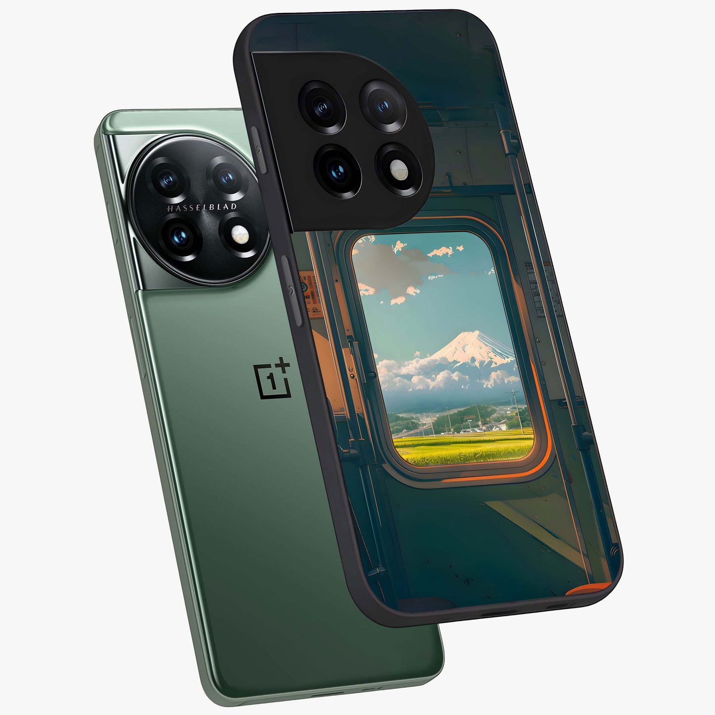 Window to Fuji Glass Case for 1+11 angled mockup showcasing glossy finish and serene landscape tones