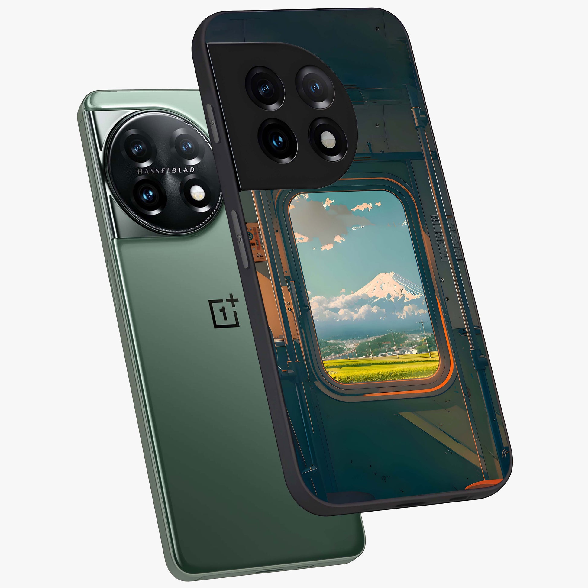 Window to Fuji Glass Case for 1+11 angled mockup showcasing glossy finish and serene landscape tones