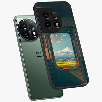 Window to Fuji Glass Case for 1+11 angled mockup showcasing glossy finish and serene landscape tones