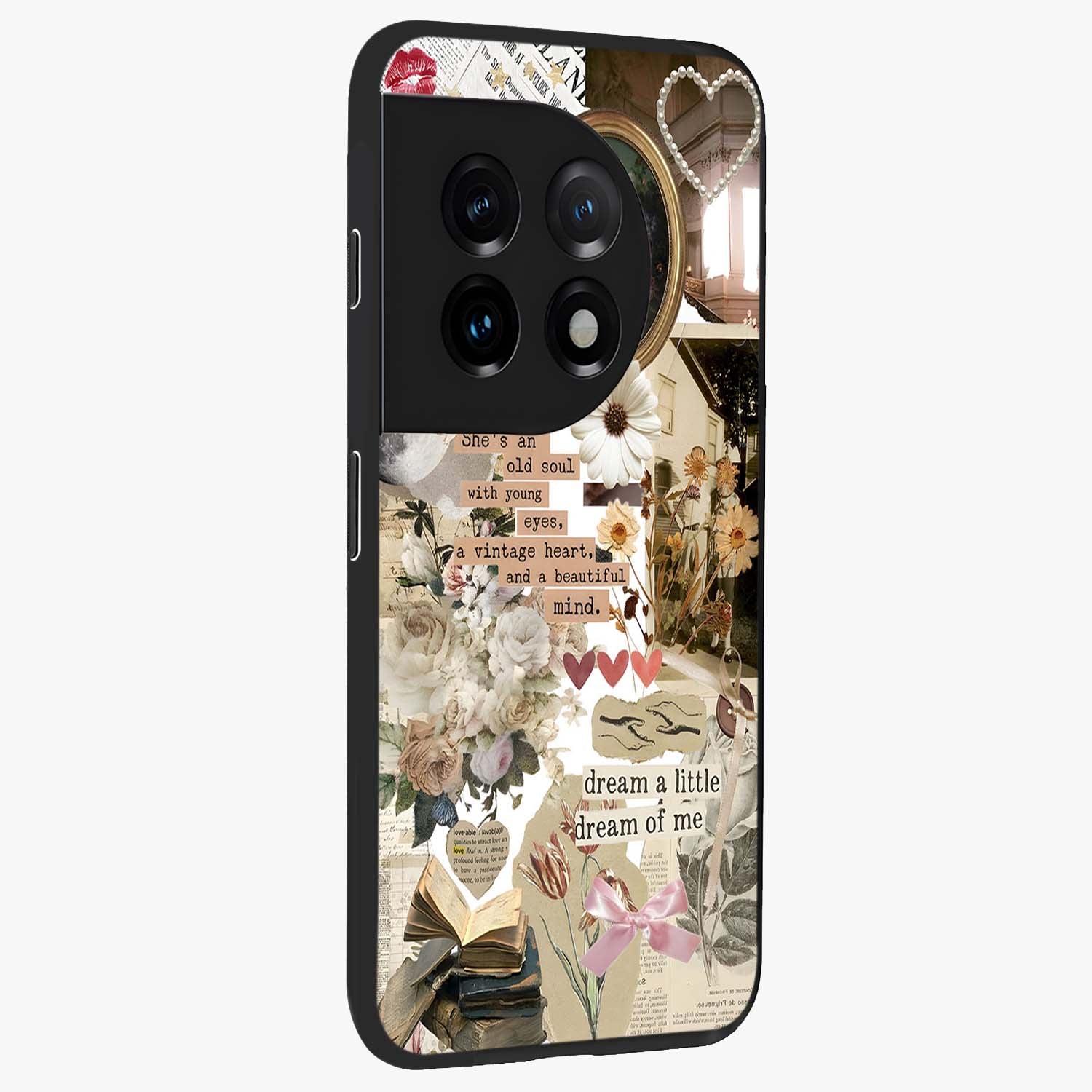 Aesthetic Brown Vintage Collage Glass Case for 1+11 side perspective highlighting detailed aesthetic collage elements
