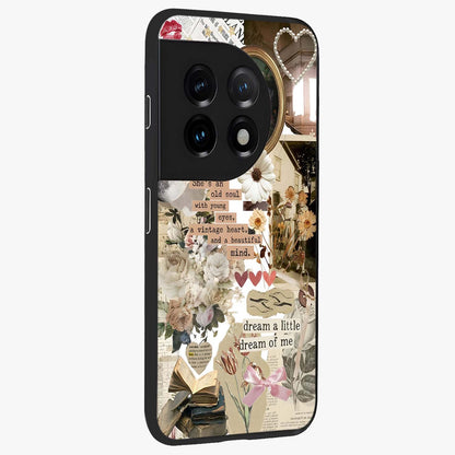 Aesthetic Brown Vintage Collage Glass Case for 1+11 side perspective highlighting detailed aesthetic collage elements