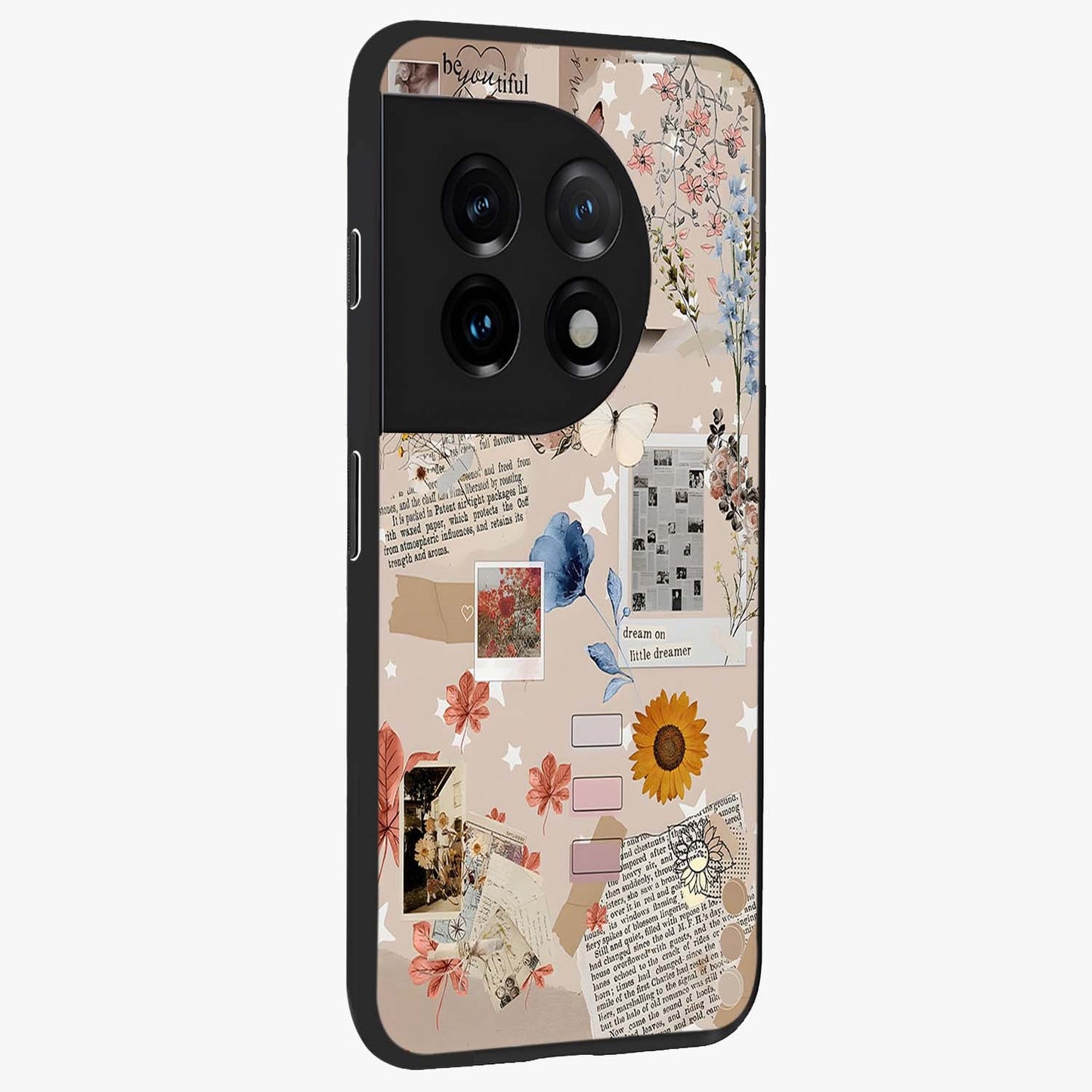 Aesthetic Butterfly Glass Case for 1+11 side perspective highlighting premium edges and butterfly illustration