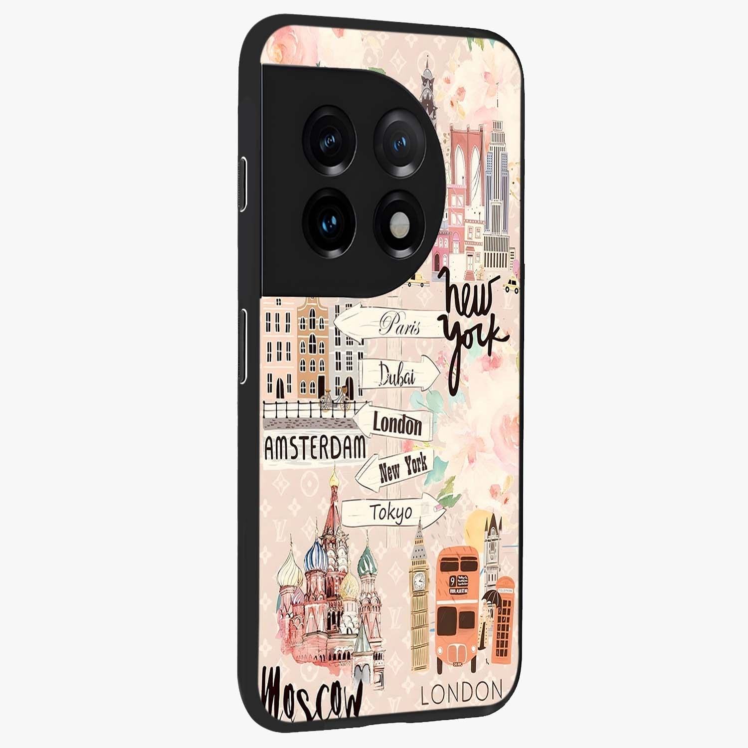 Aesthetic Travel Glass Case for 1+11 side perspective highlighting bold travel graphic details