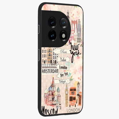 Aesthetic Travel Glass Case for 1+11 side perspective highlighting bold travel graphic details