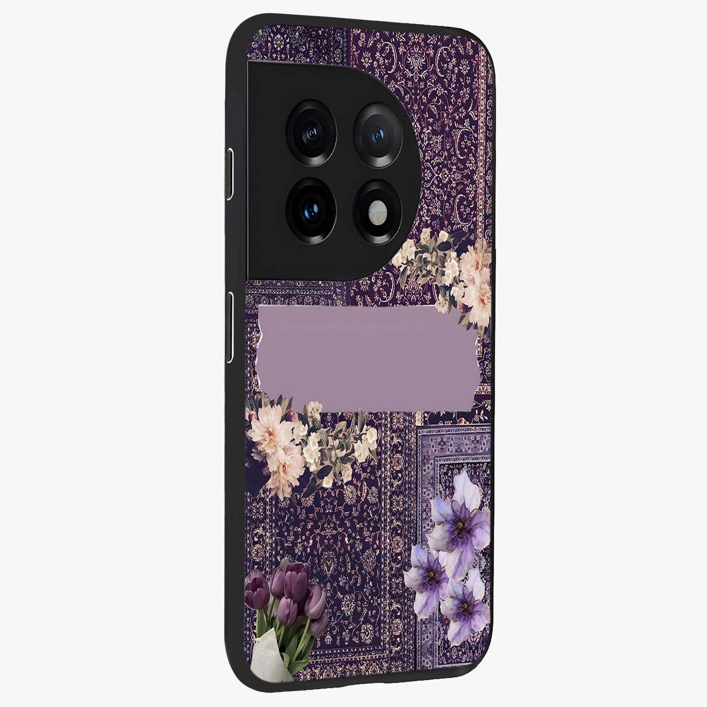 Antique Floral Whisper Glass Case for 1+11 side perspective highlighting detailed floral textures