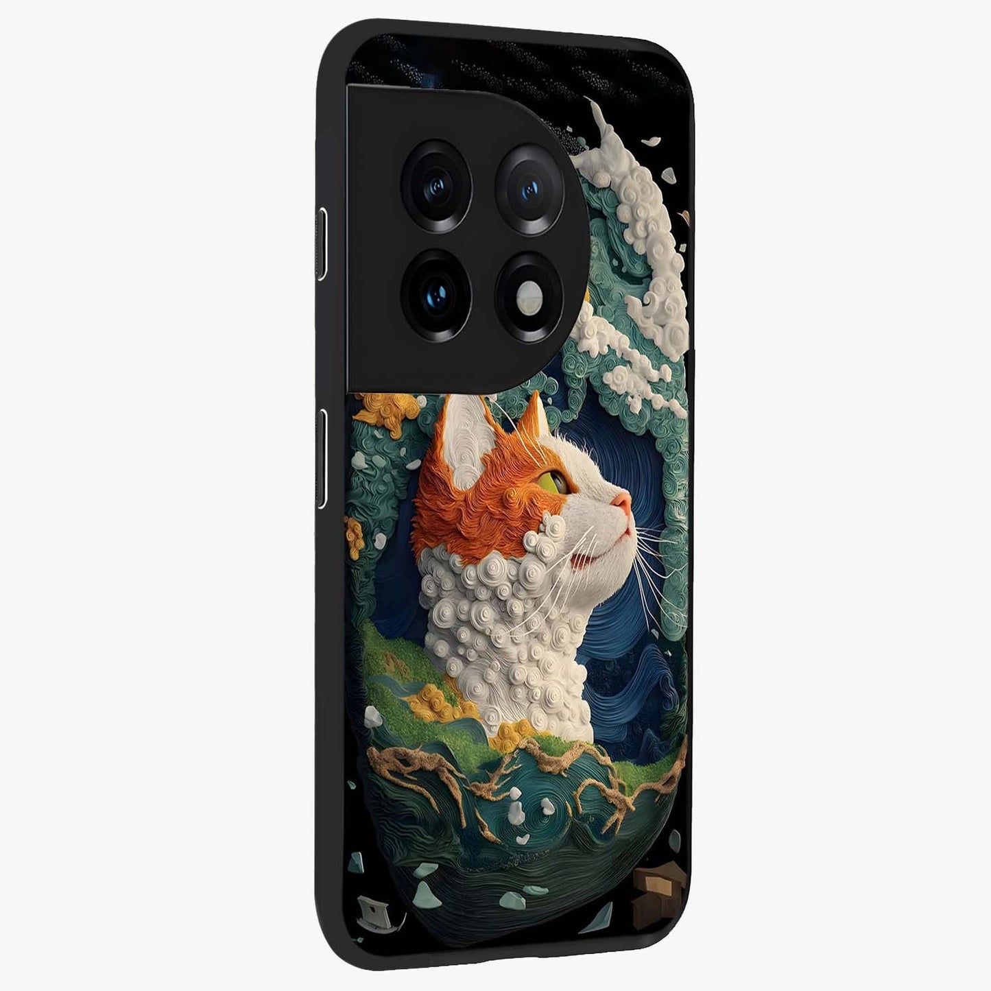 Aurora Cat Dreams Glass Case for 1+11 side perspective highlighting detailed feline illustration and smooth edges