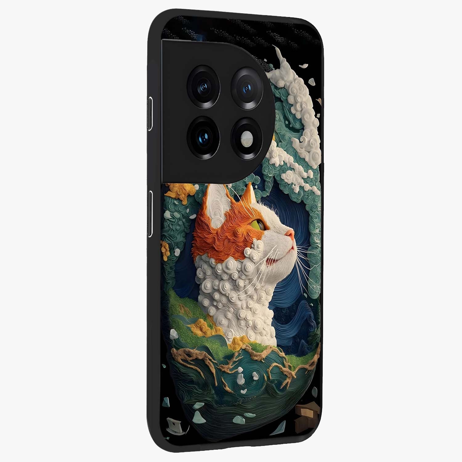 Aurora Cat Dreams Glass Case for 1+11 side perspective highlighting detailed feline illustration and smooth edges