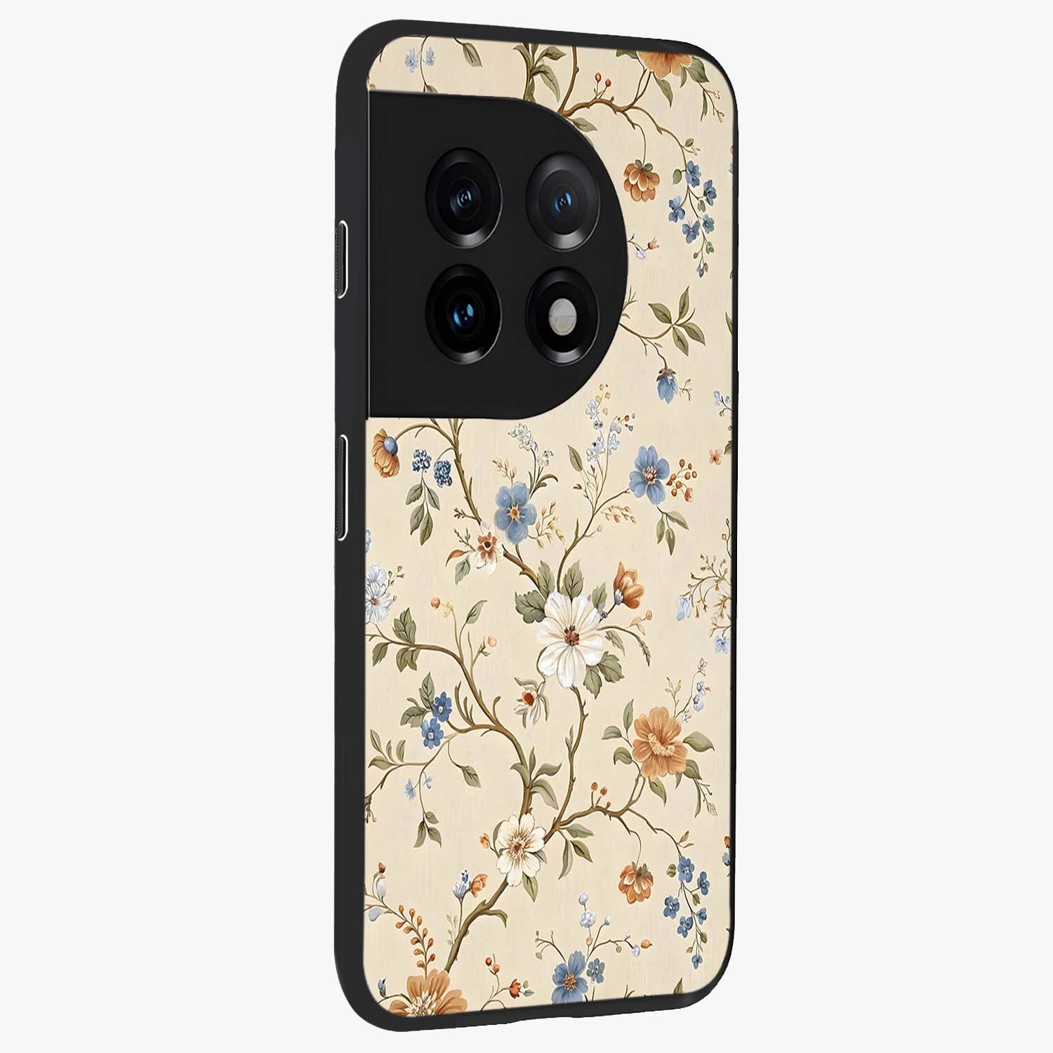 Beige Vintage Flower Glass Case for 1+11 side perspective highlighting subtle tones and premium floral detailing