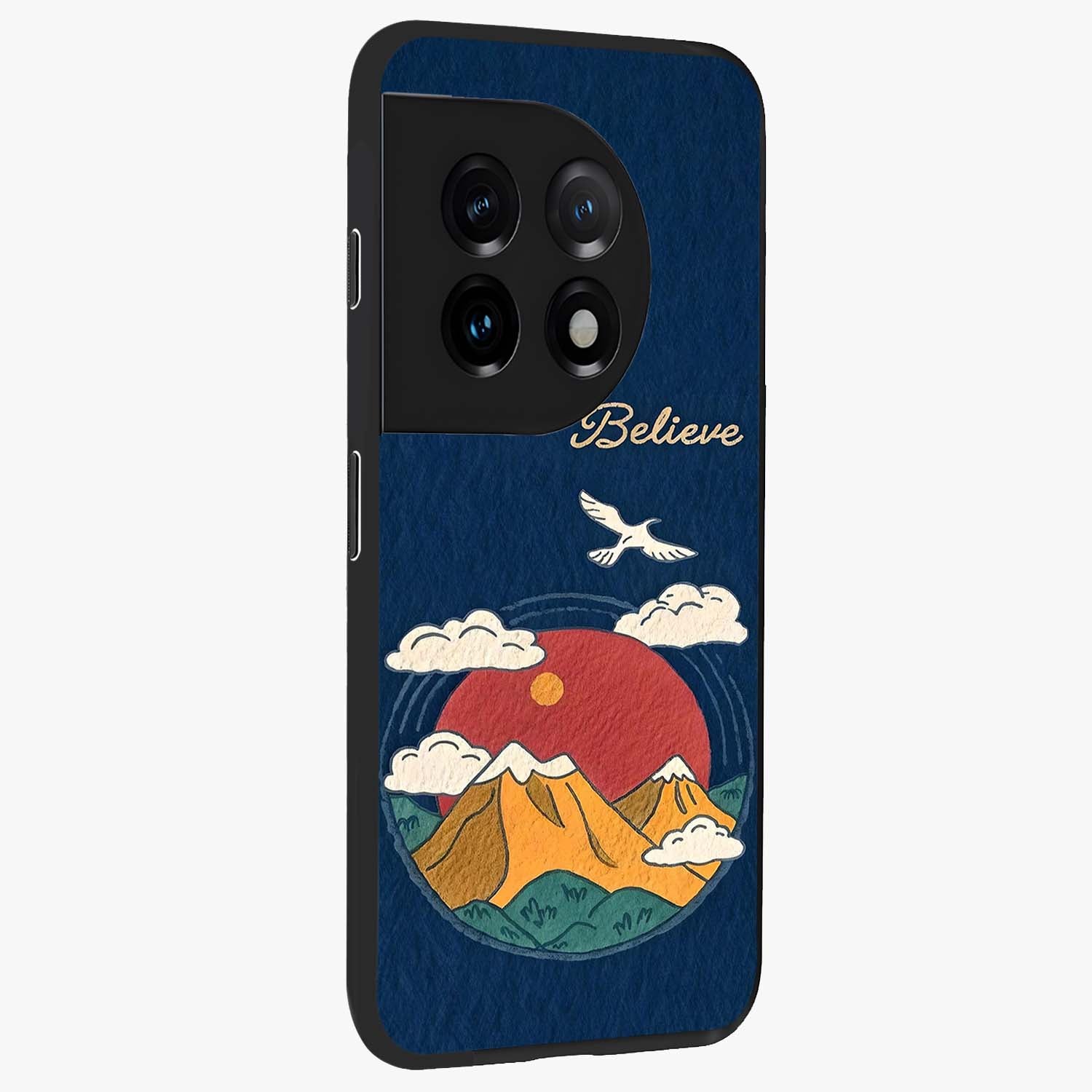 Believe Sky Escape Glass Case for 1+11 side perspective highlighting motivational typography and smooth edges