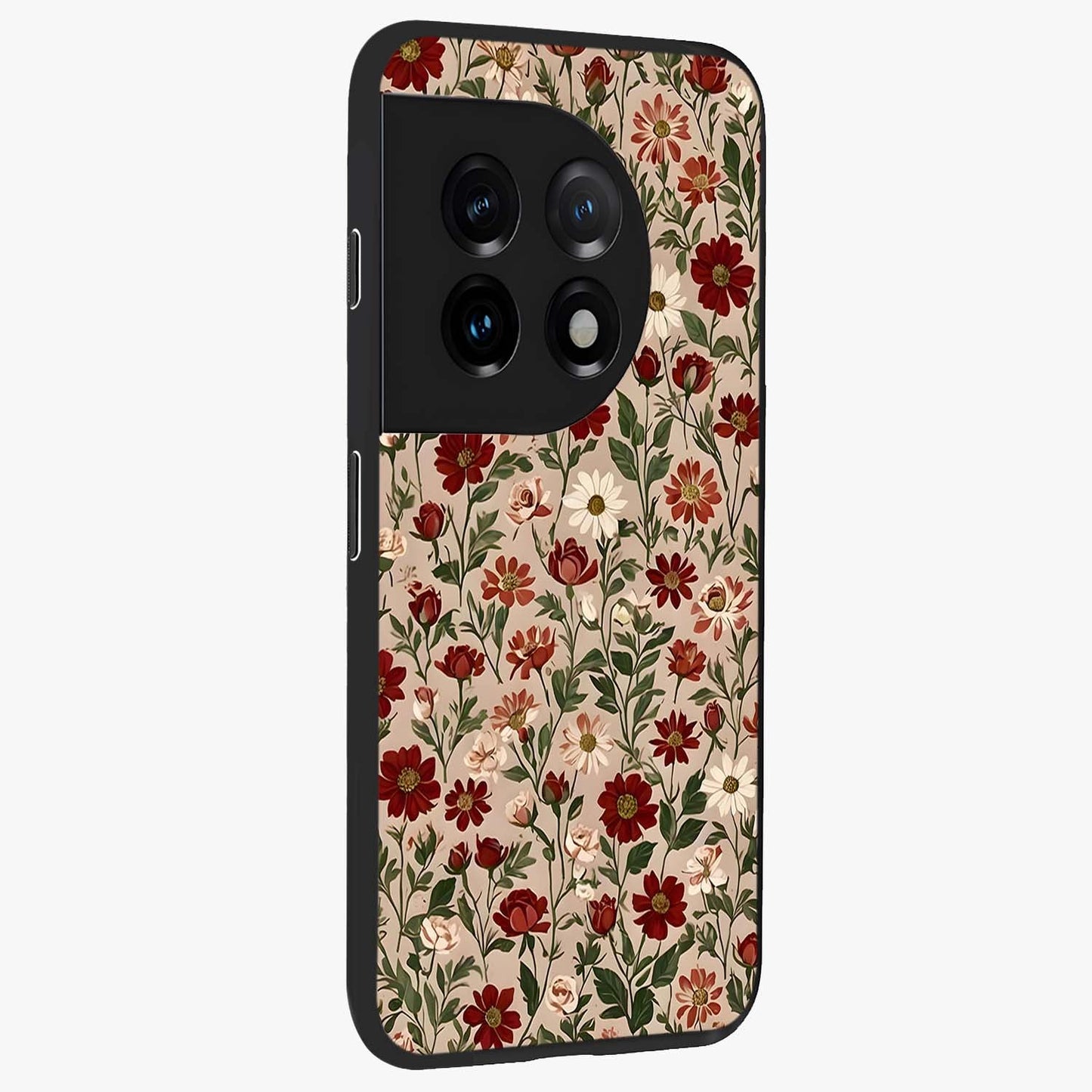 Biege Flower With Leaf Glass Case for 1+11 side perspective highlighting subtle tones and elegant flower texture