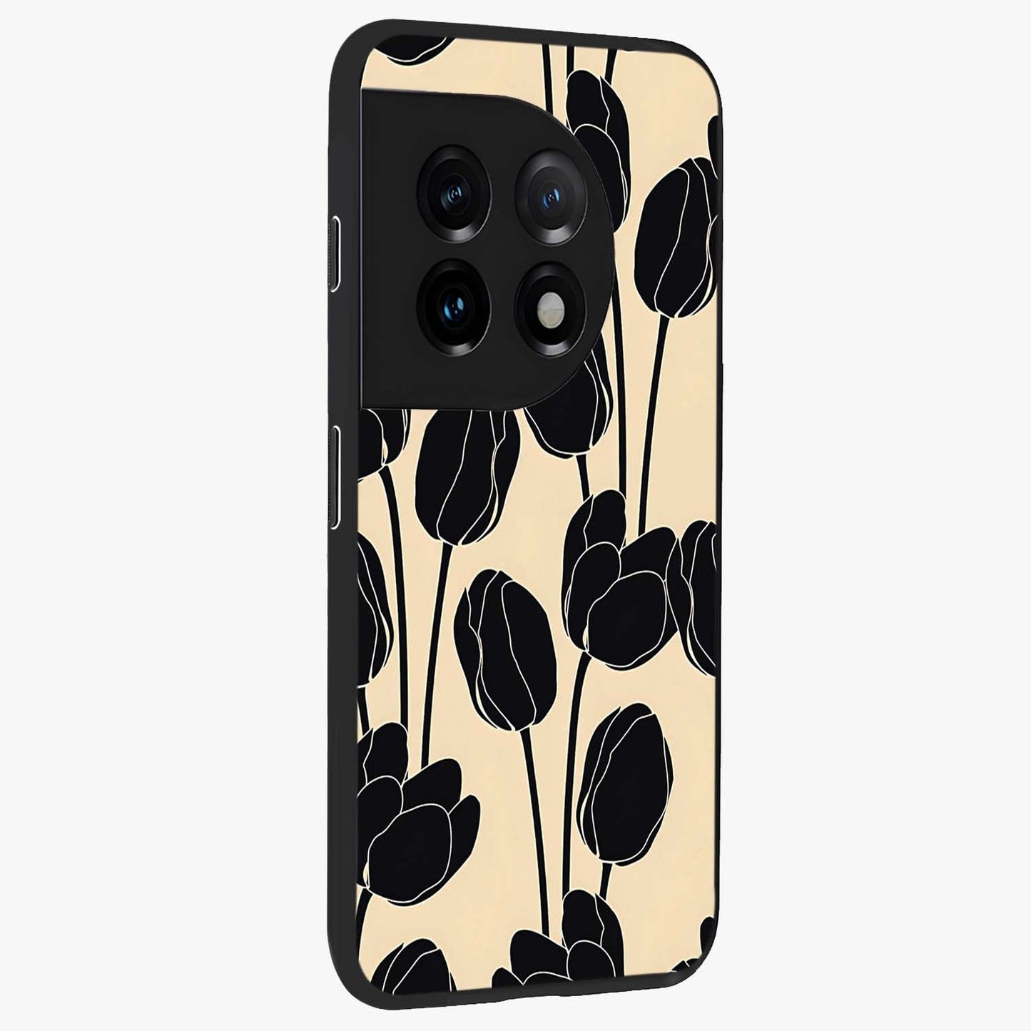 Black Designer Tulip Glass Case for 1+11 side perspective highlighting bold contrast and stylish tulip illustration