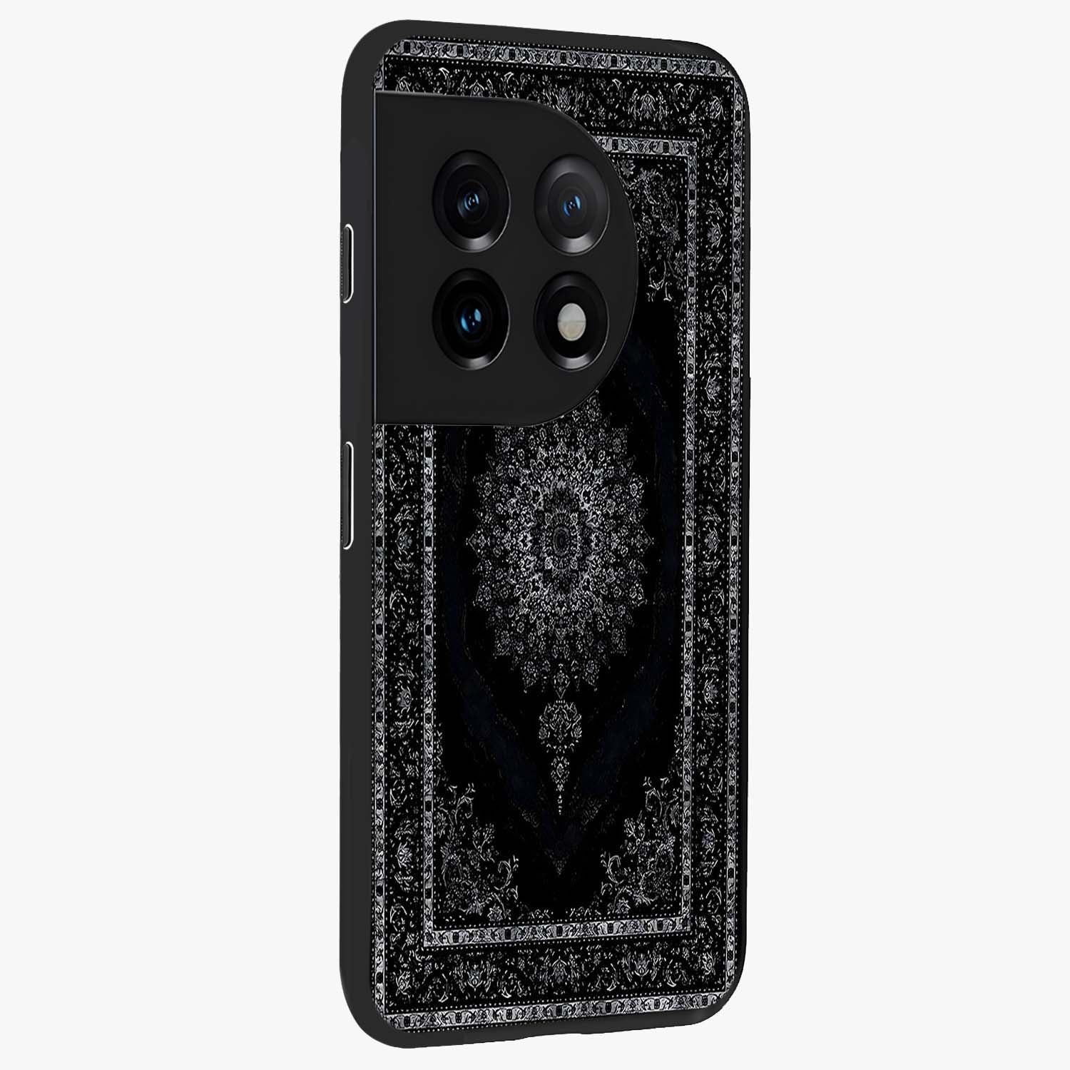 Black Persian Carpet Glass Case for 1+11 side perspective highlighting classic pattern textures and premium build