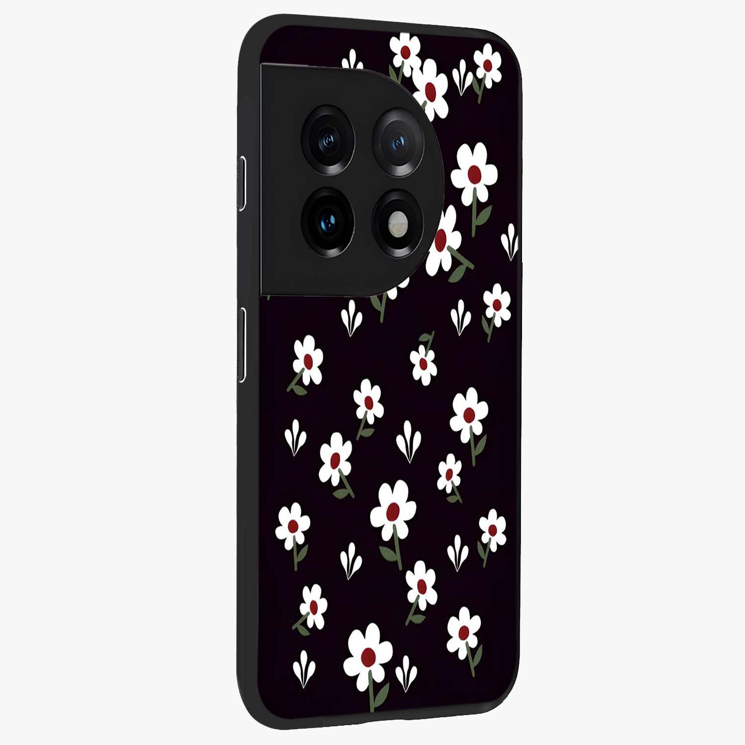 Black Prints Daisy Flower Pattern Glass Case for 1+11 side perspective highlighting delicate daisy details and smooth edges